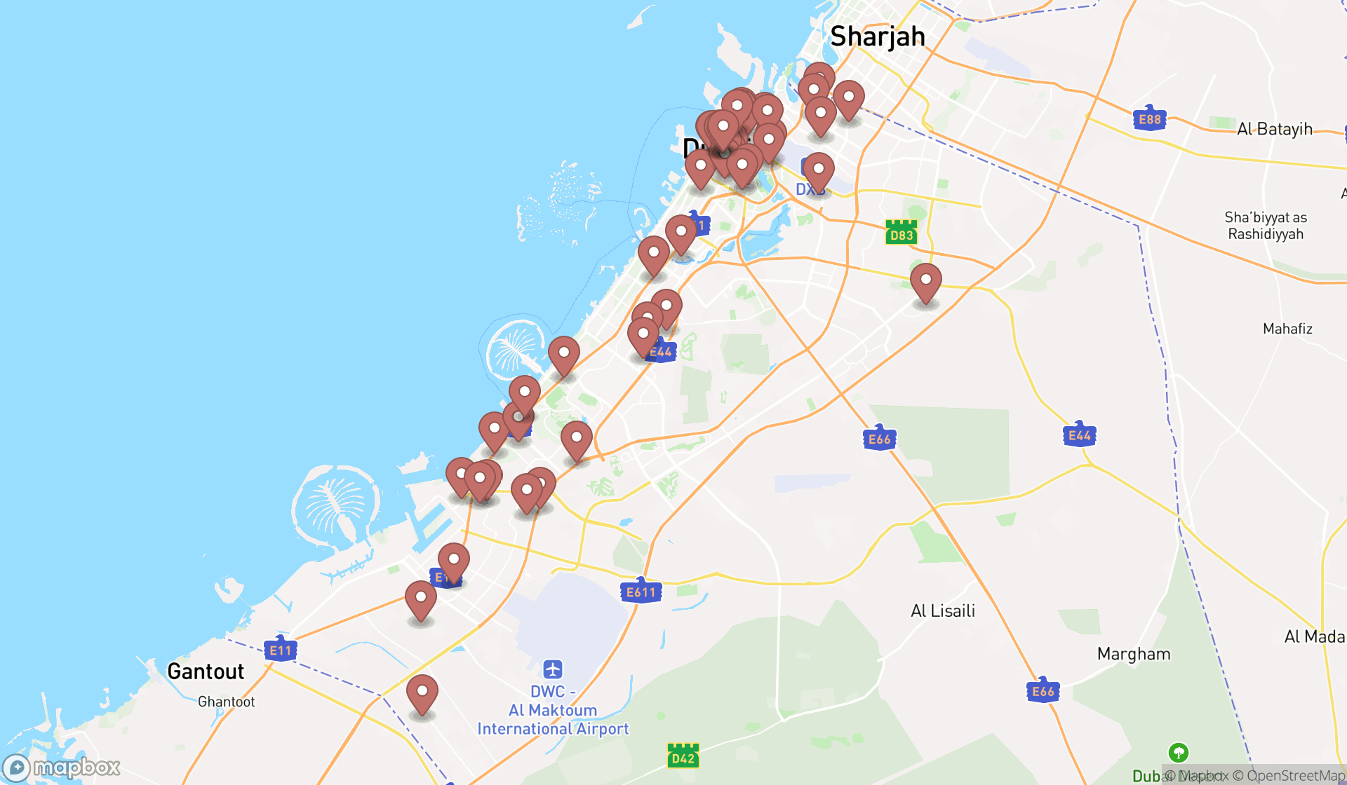 Map showing the search results in Dubai