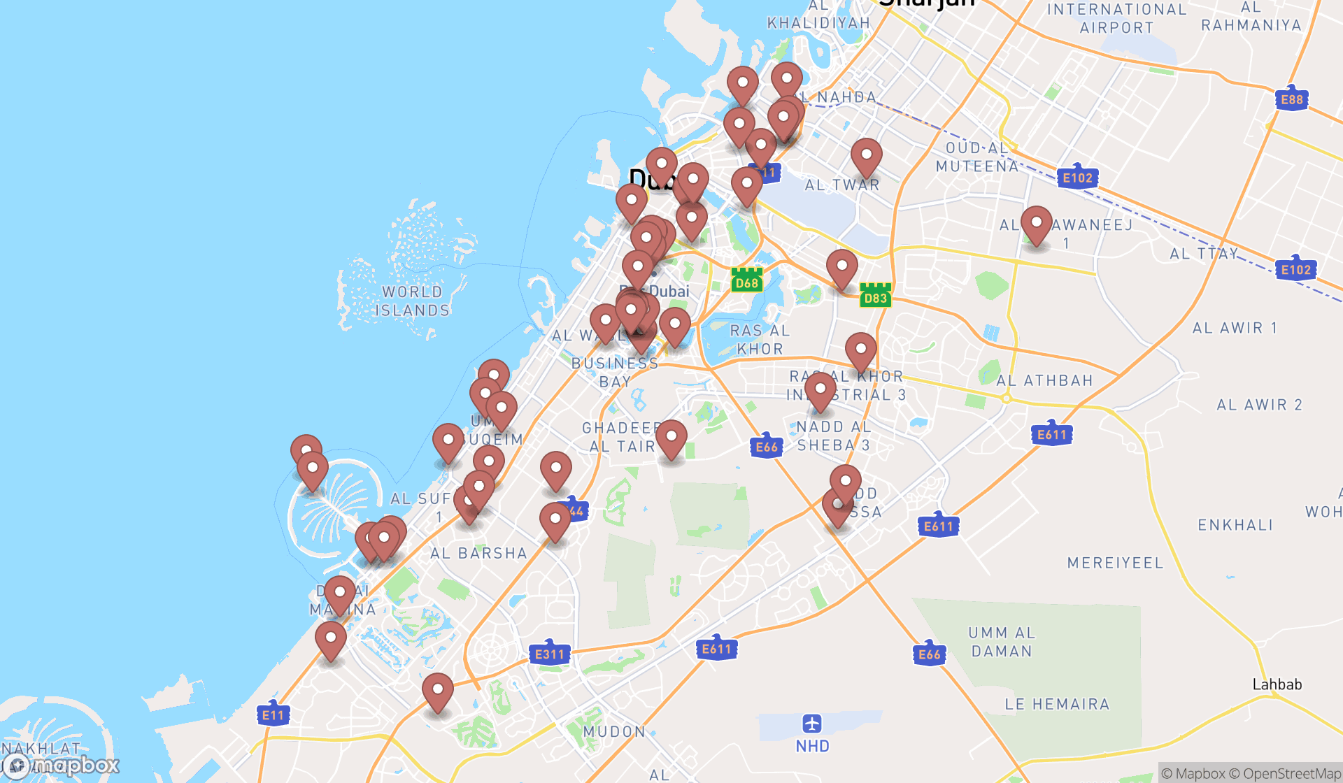 Map showing the search results in Dubai