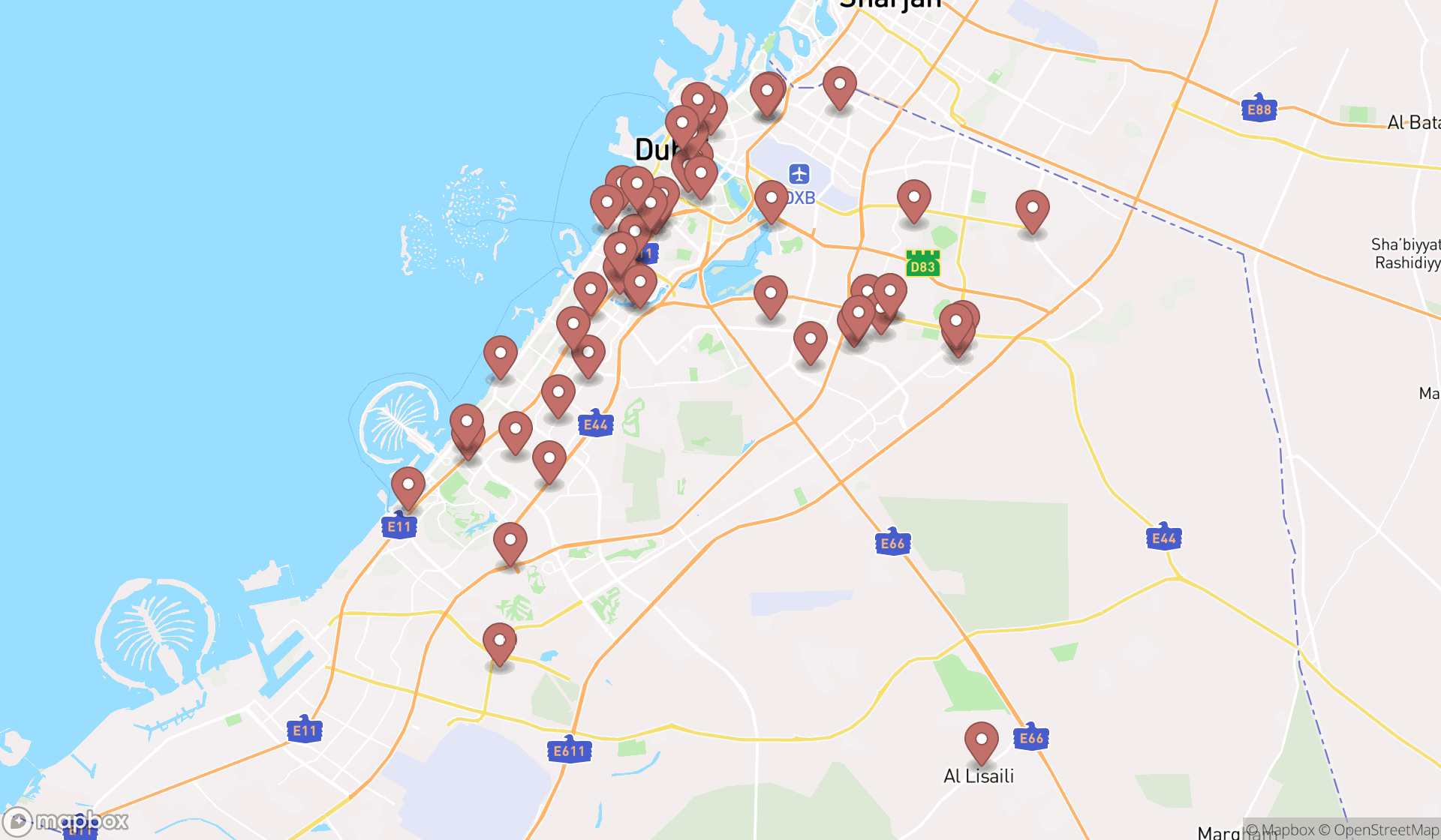 Map showing the search results in Dubai