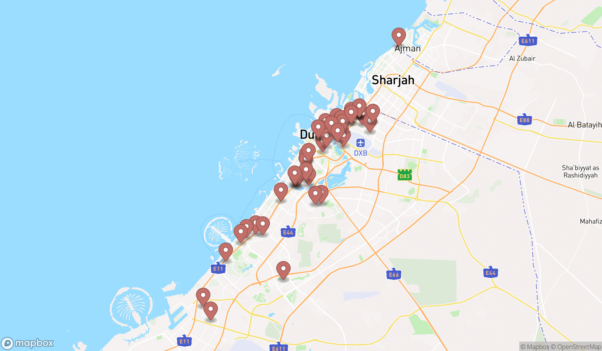 Map showing the search results in Dubai