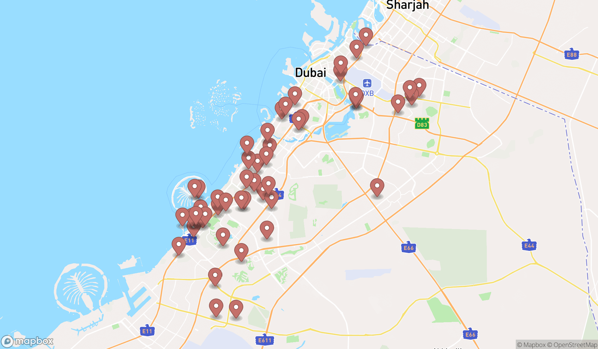 Map showing the search results in Dubai