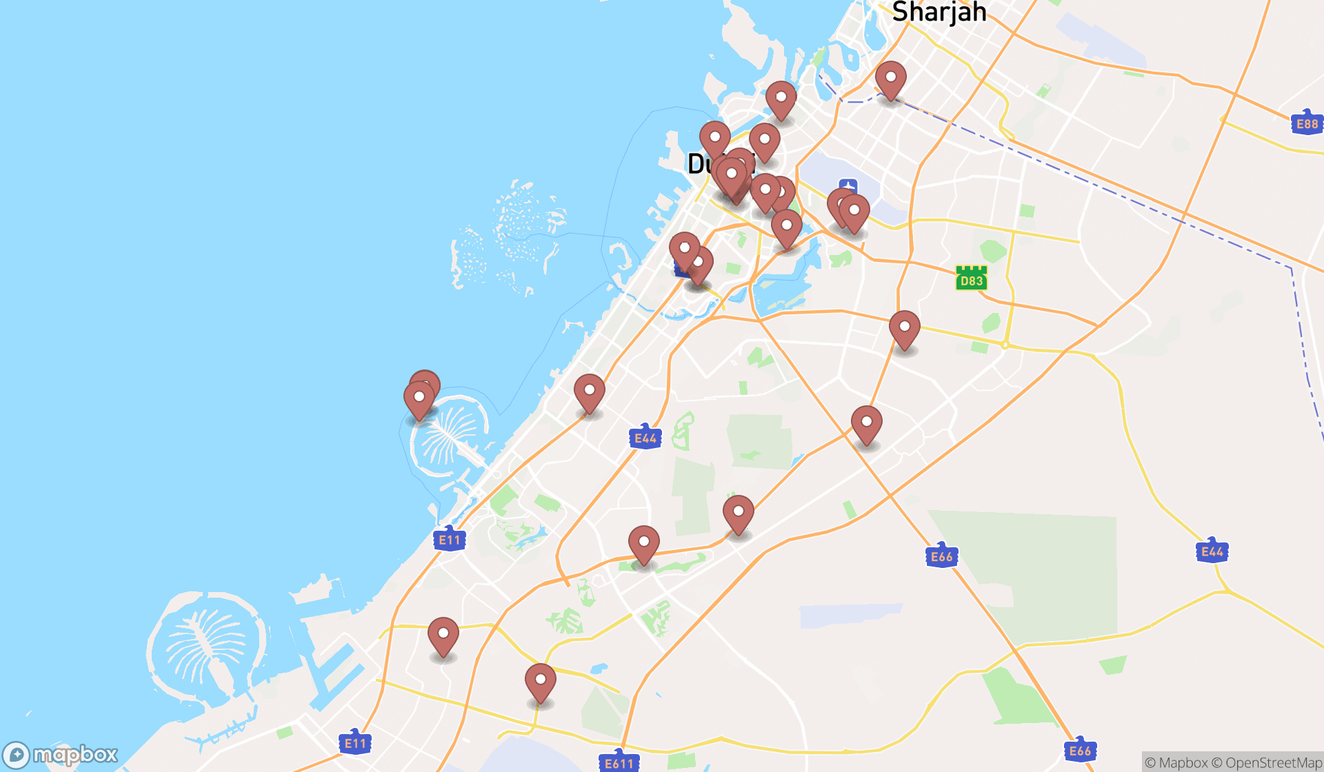 Map showing the search results in Dubai