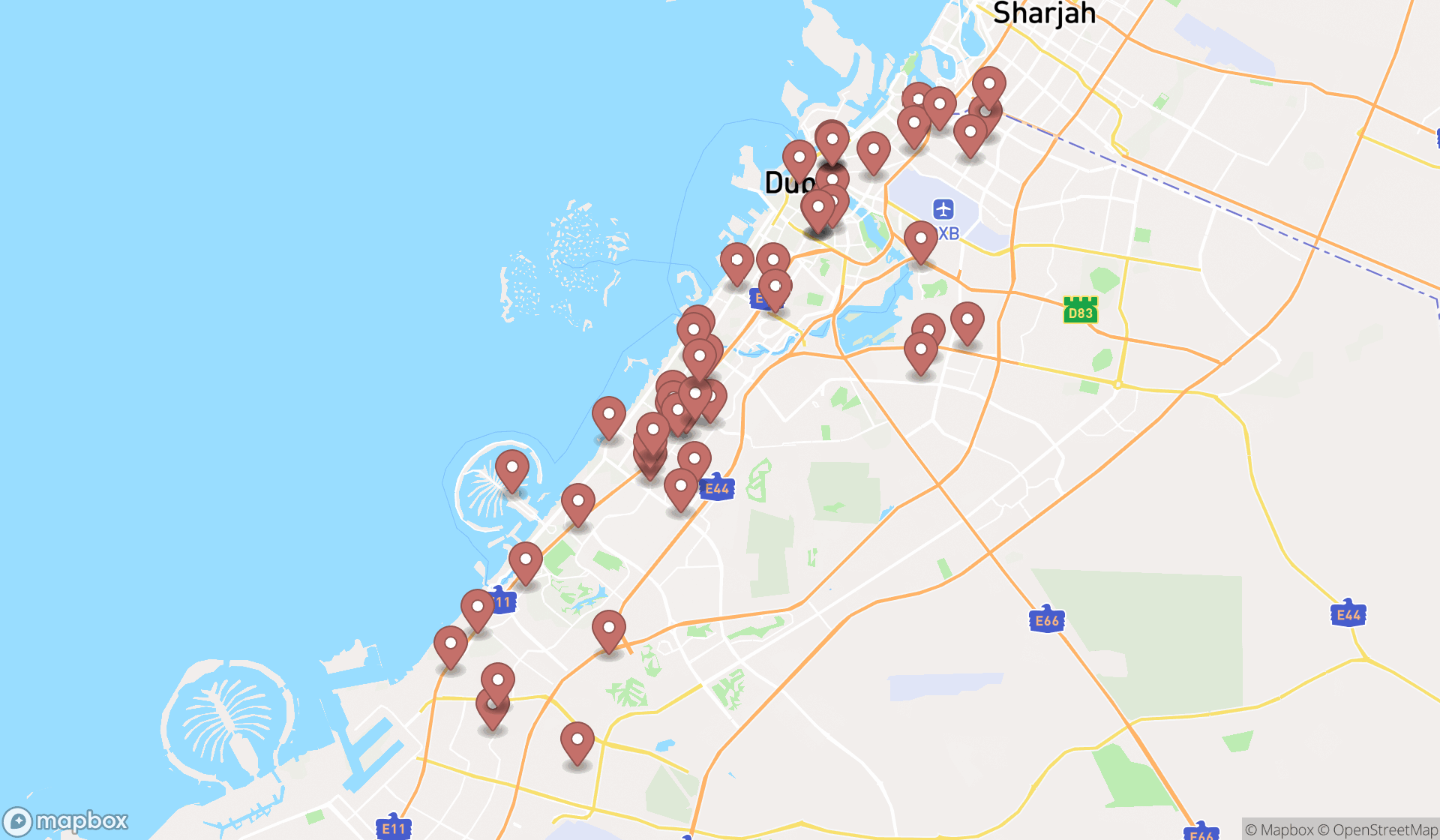 Map showing the search results in Dubai