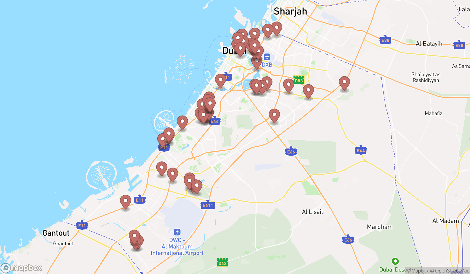 Map showing the search results in Dubai