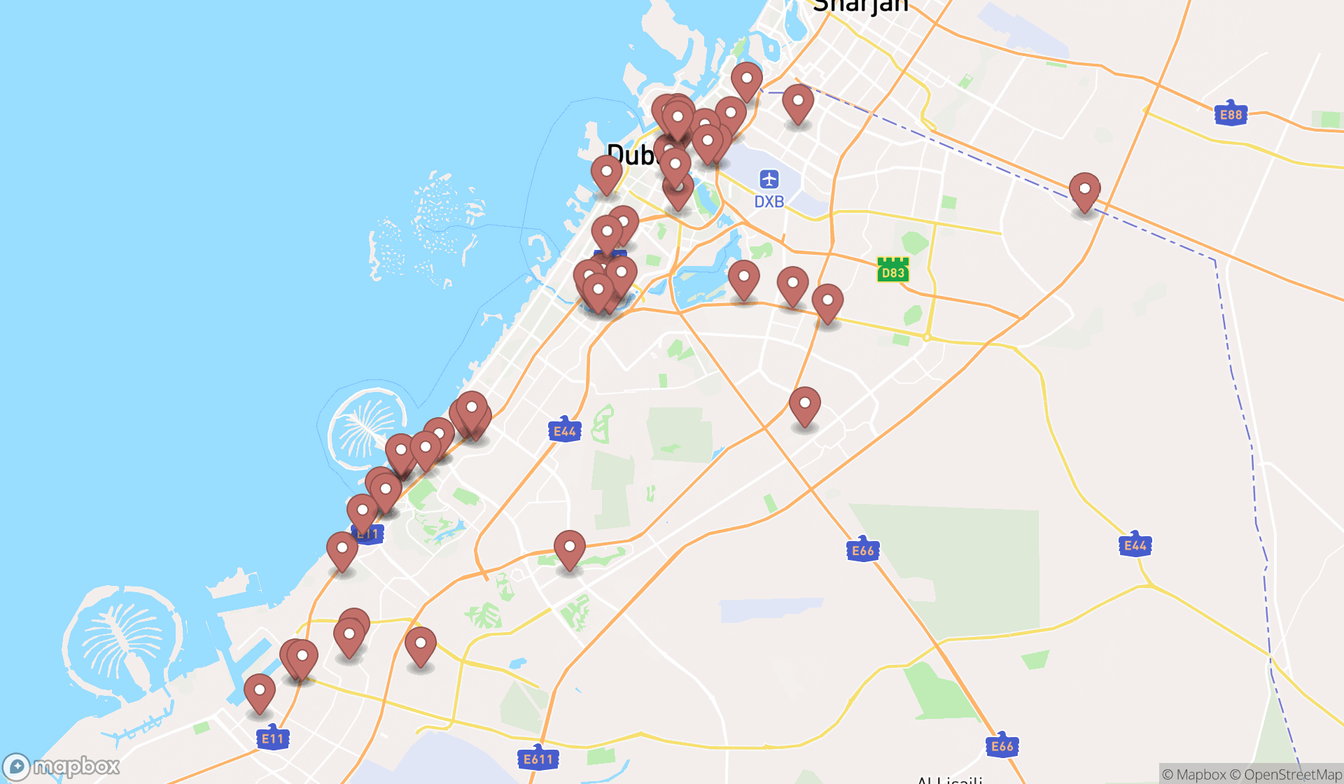 Map showing the search results in Dubai