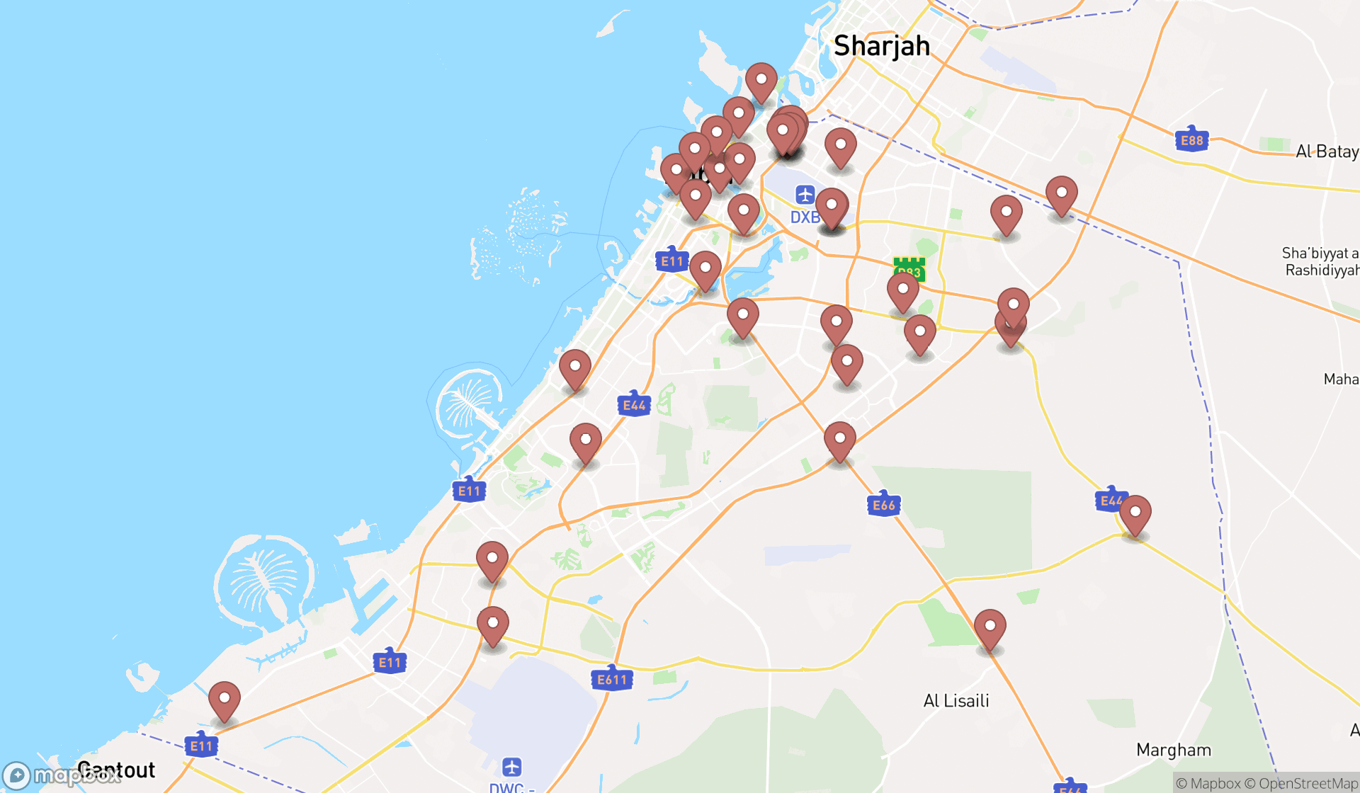 Map showing the search results in Dubai