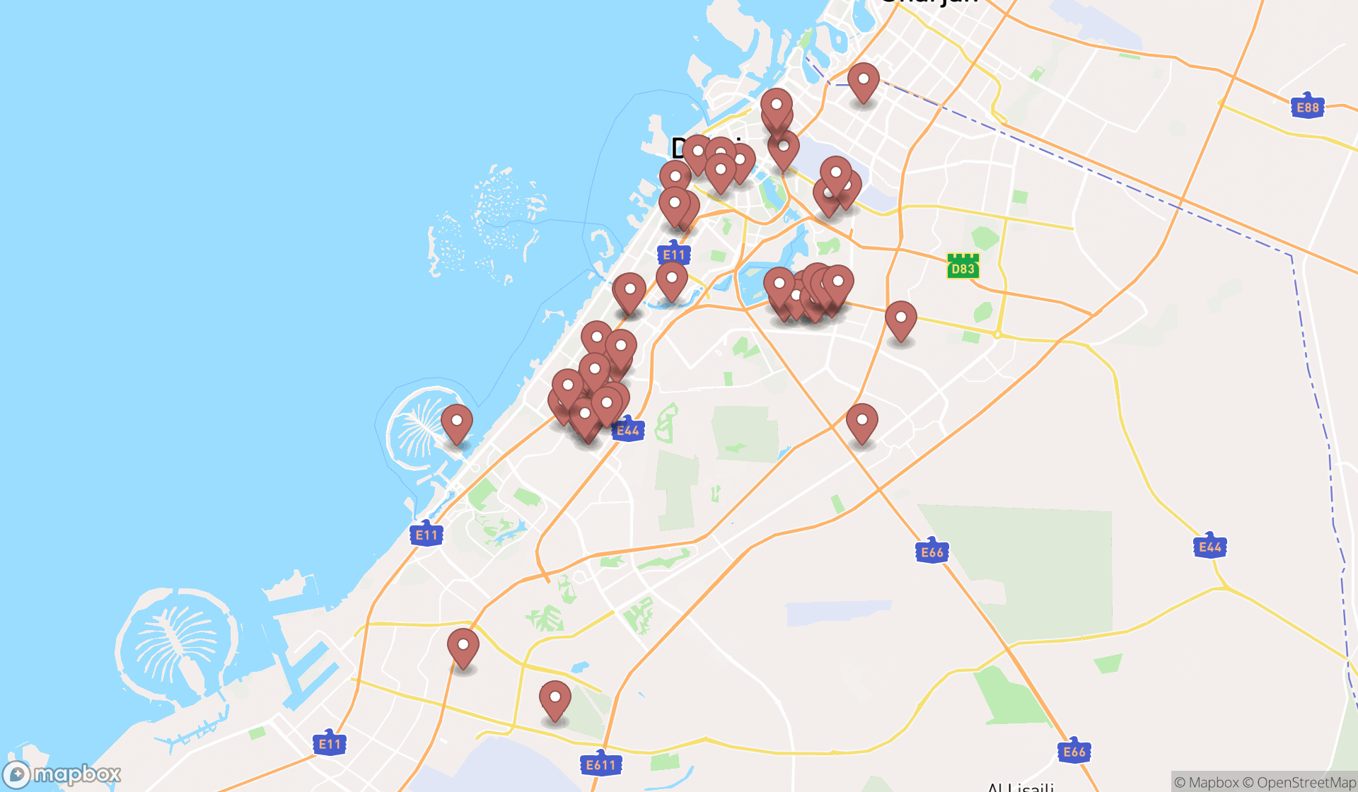 Map showing the search results in Dubai