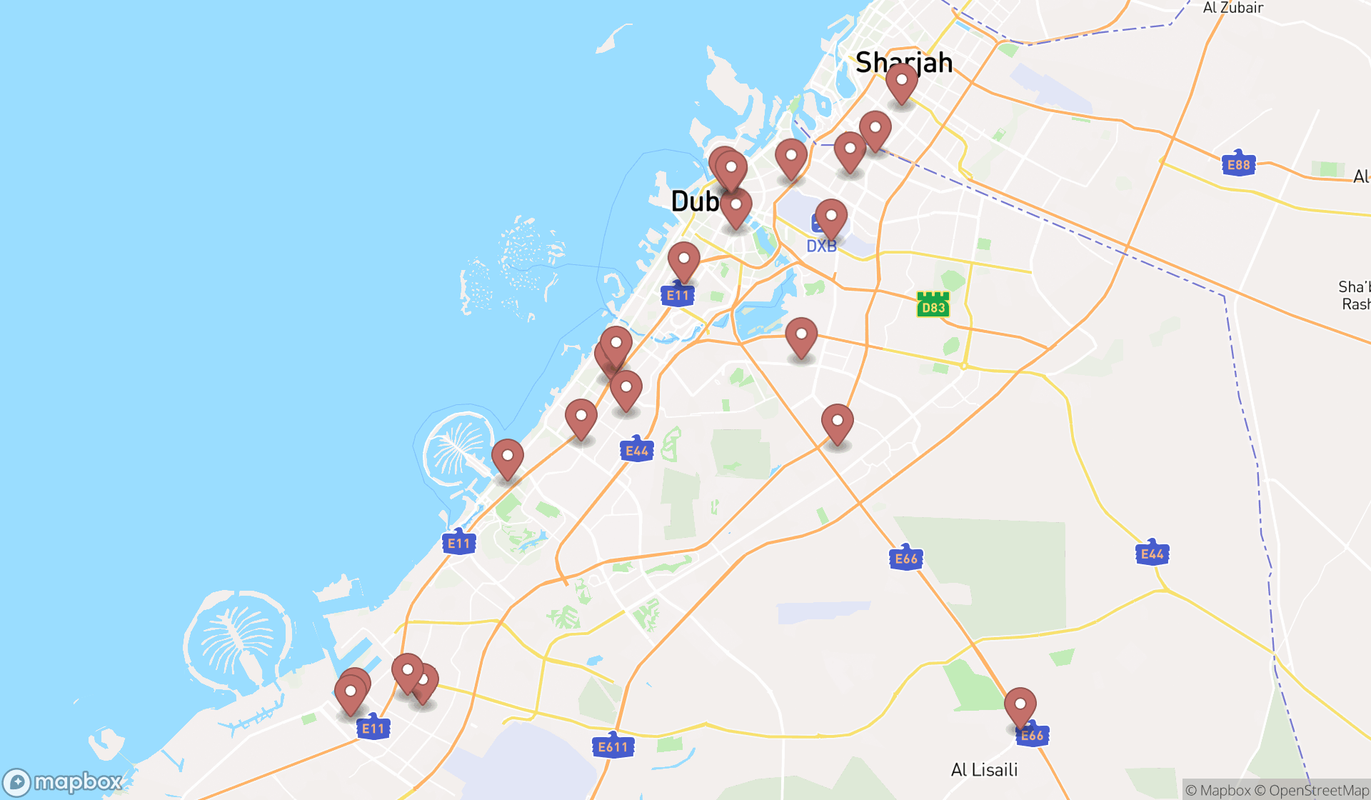 Map showing the search results in Dubai