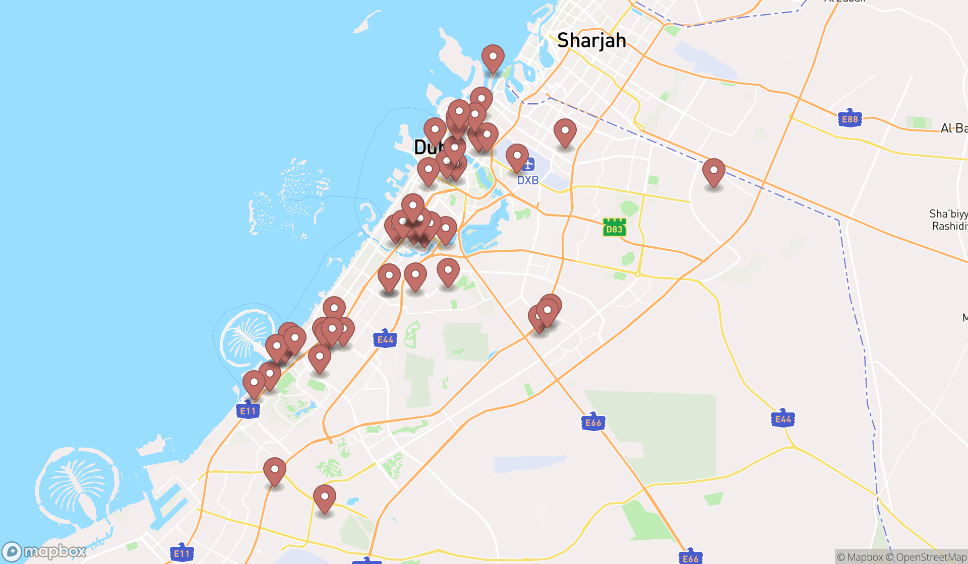 Map showing the search results in Dubai