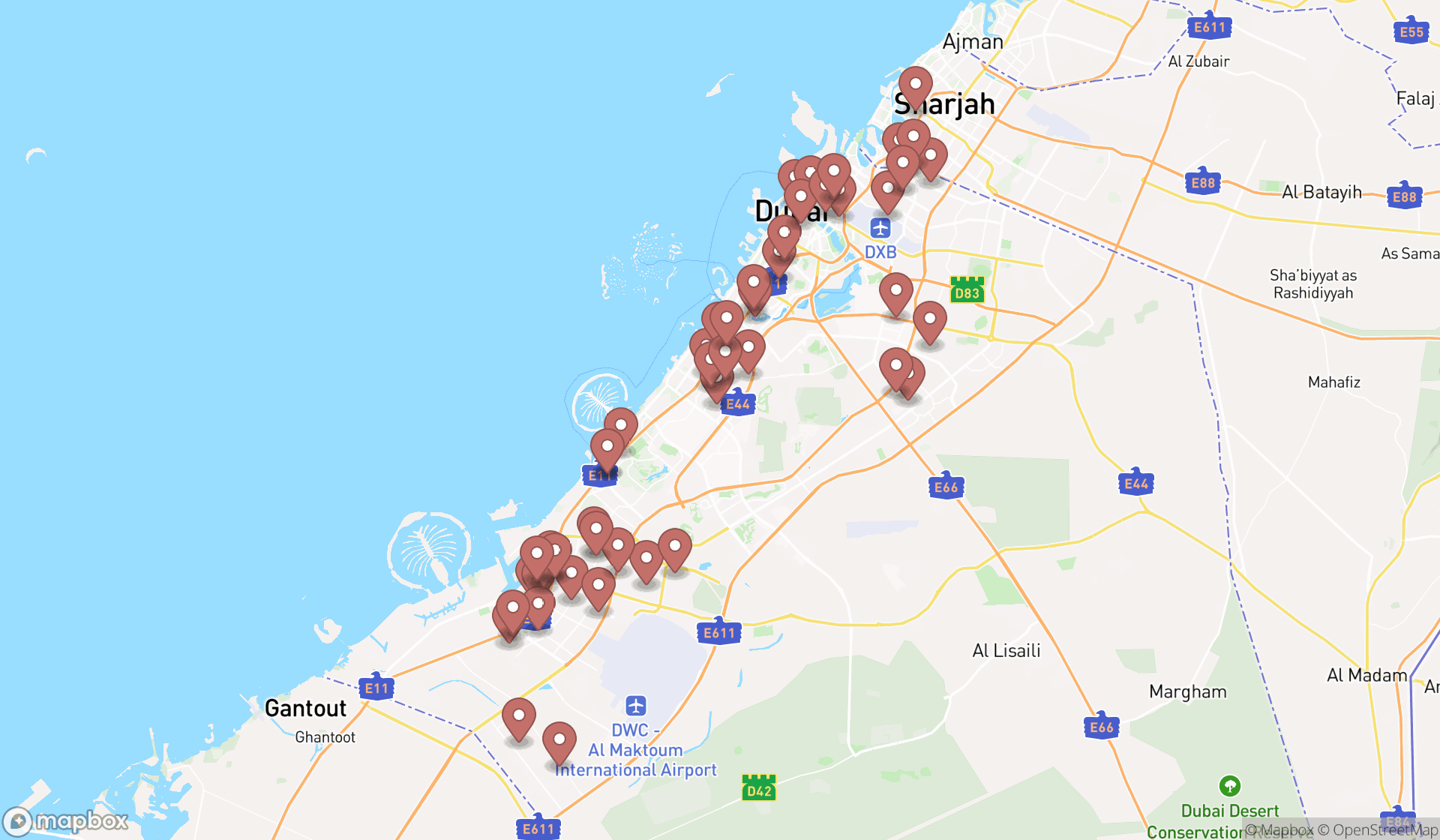 Map showing the search results in Dubai
