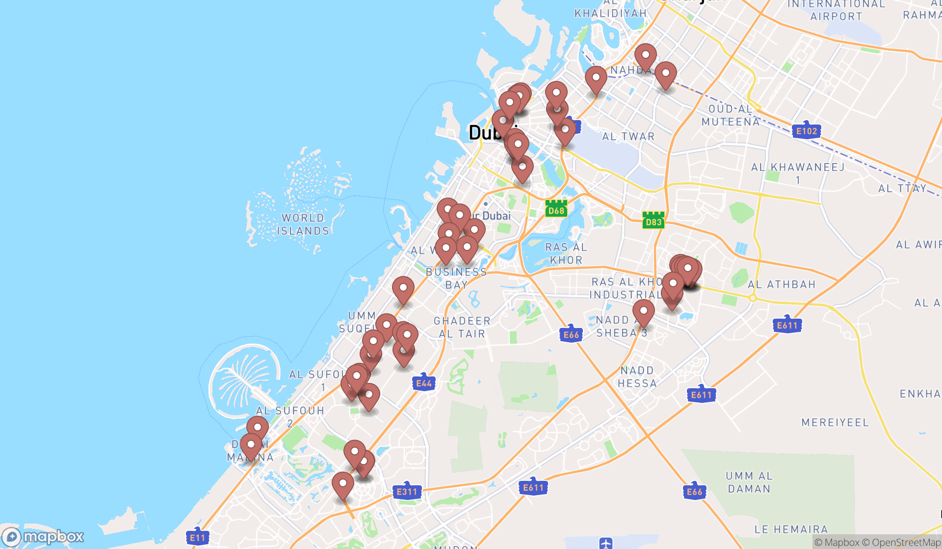 Map showing the search results in Dubai