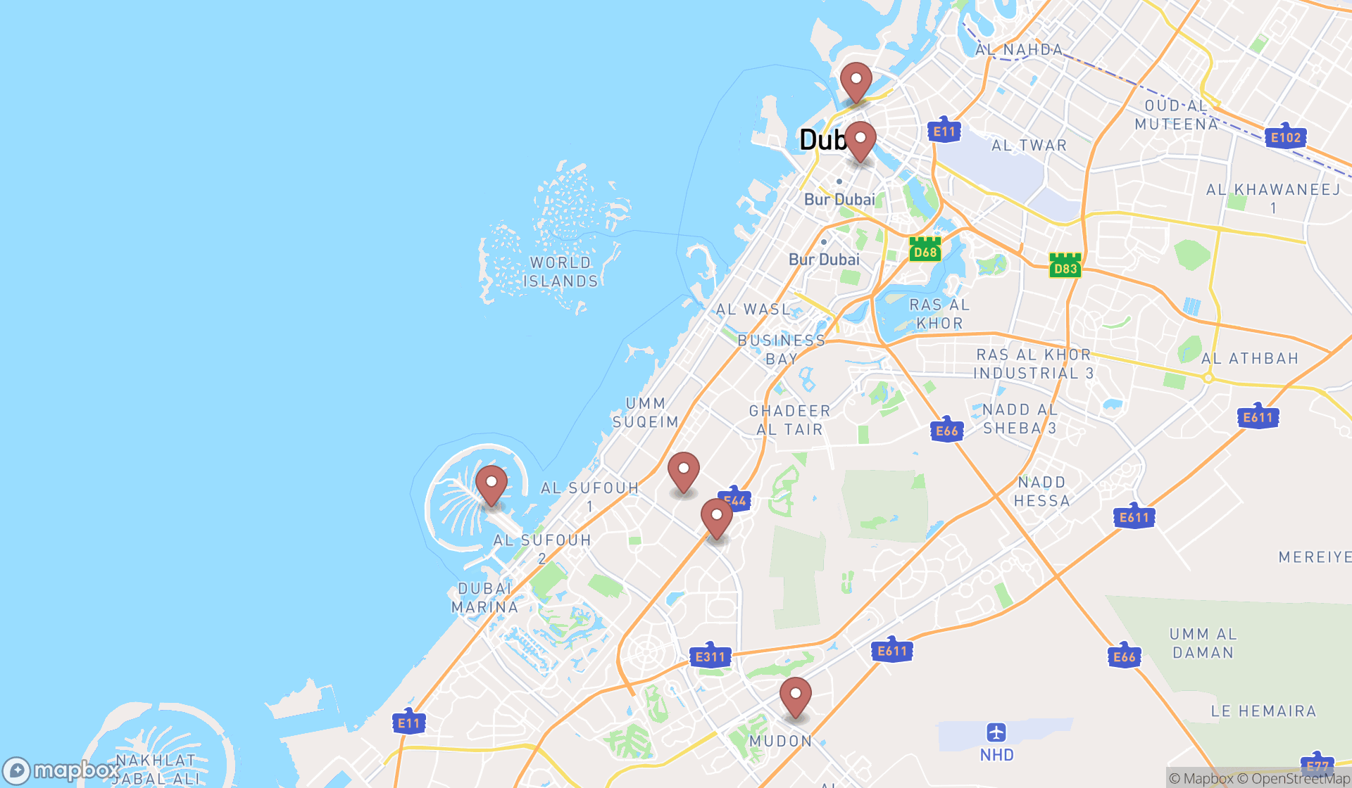 Map showing the search results in Dubai