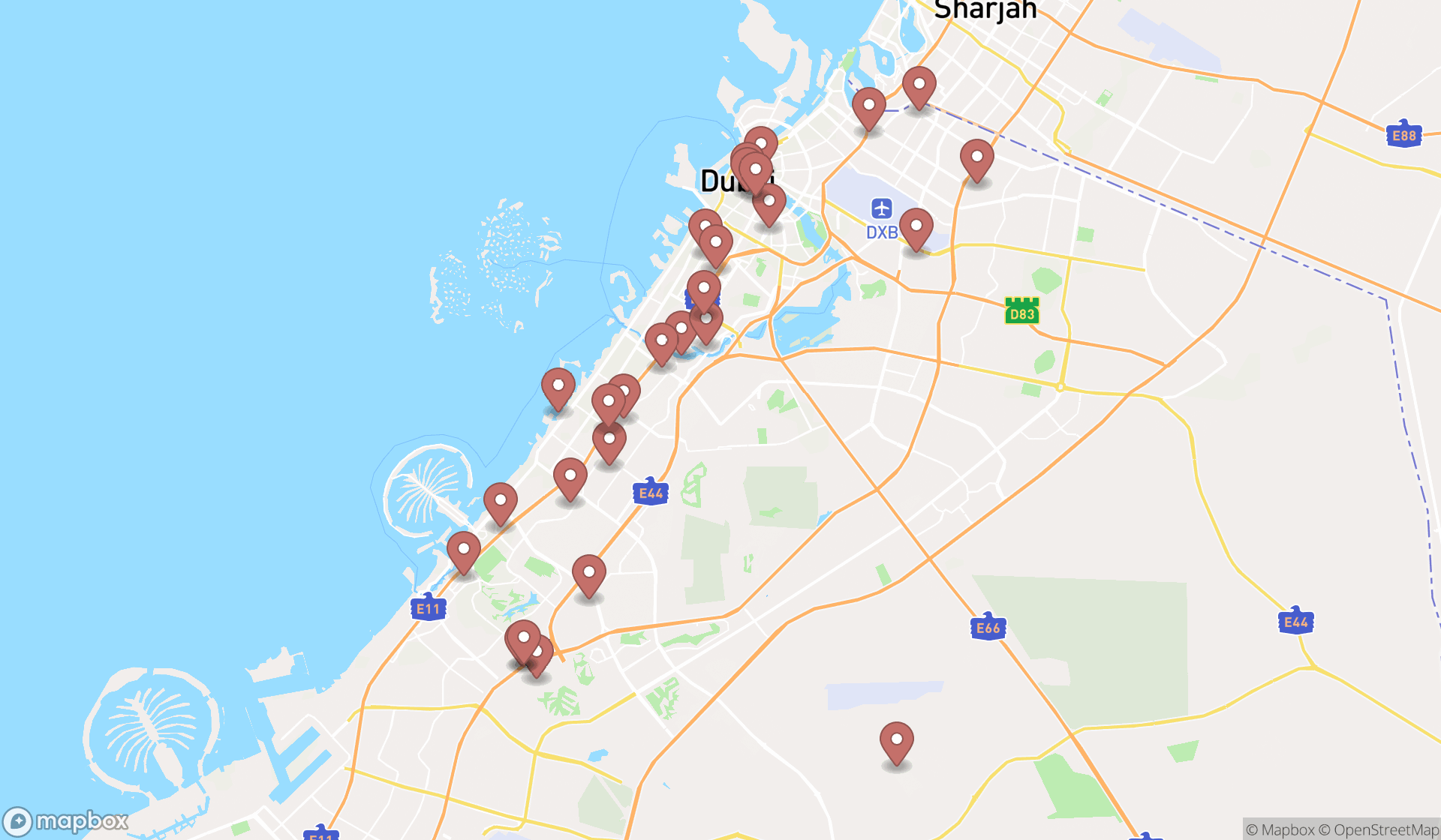 Map showing the search results in Dubai