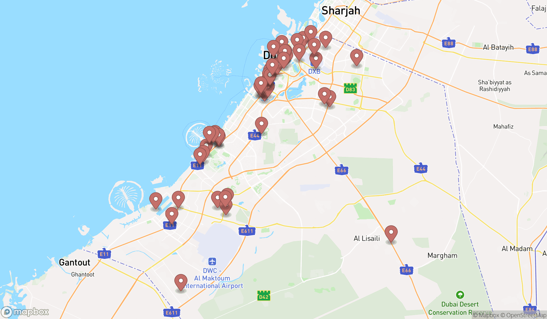Map showing the search results in Dubai