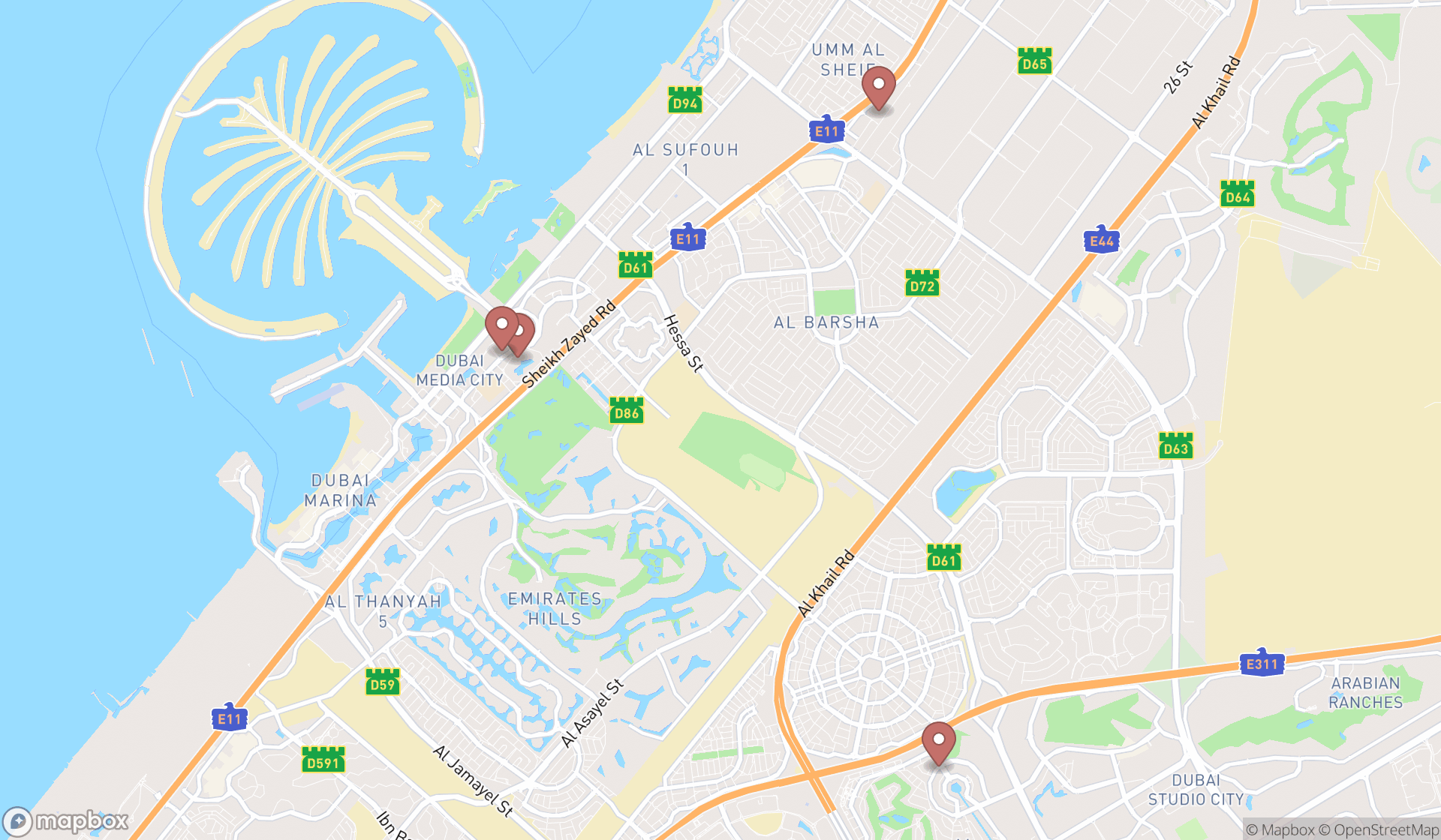Map showing the search results in Dubai