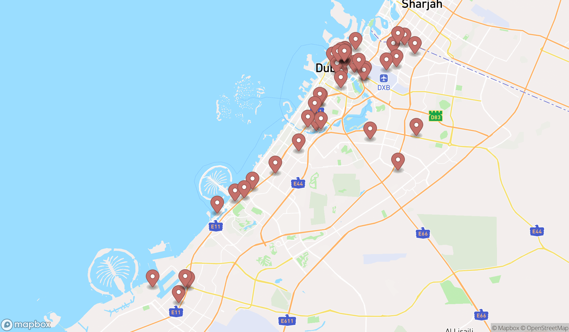Map showing the search results in Dubai