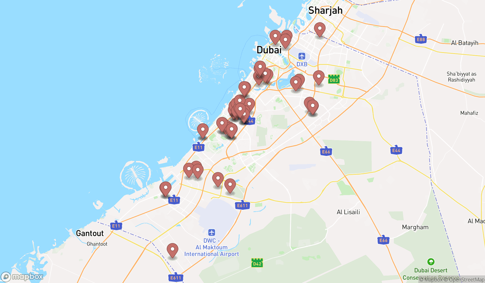 Map showing the search results in Dubai