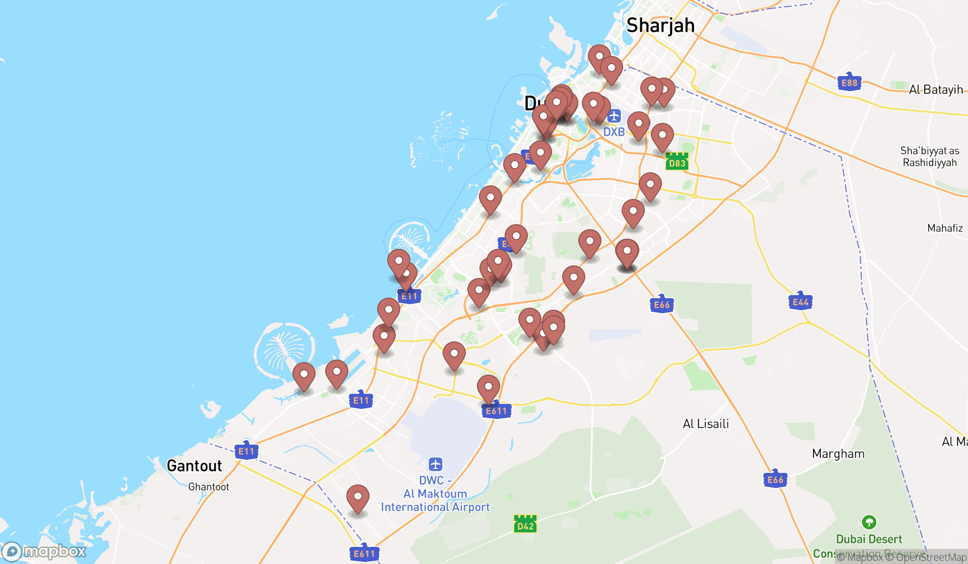 Map showing the search results in Dubai