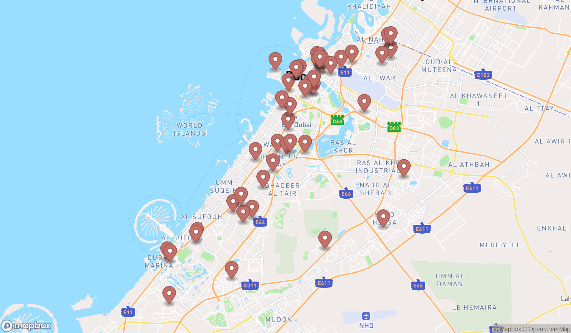 Map showing the search results in Dubai