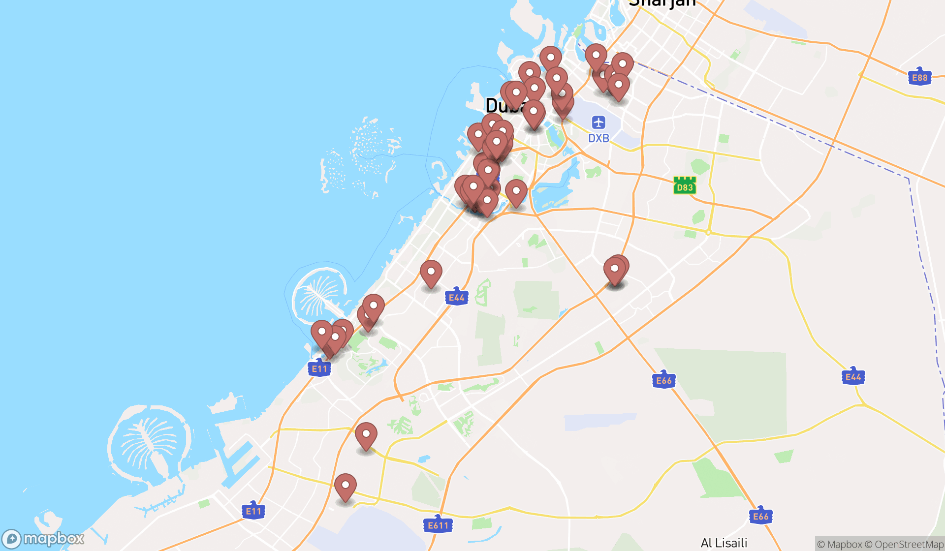 Map showing the search results in Dubai