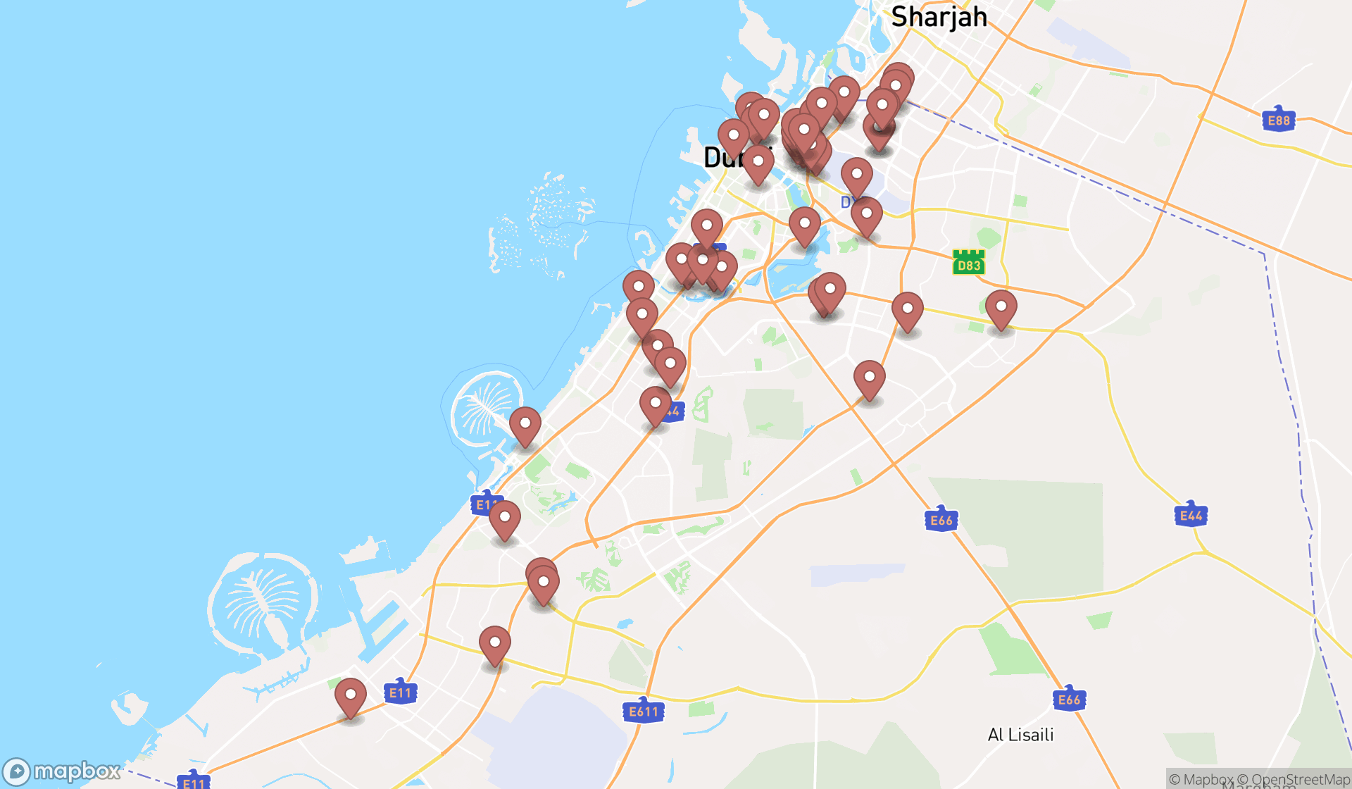 Map showing the search results in Dubai