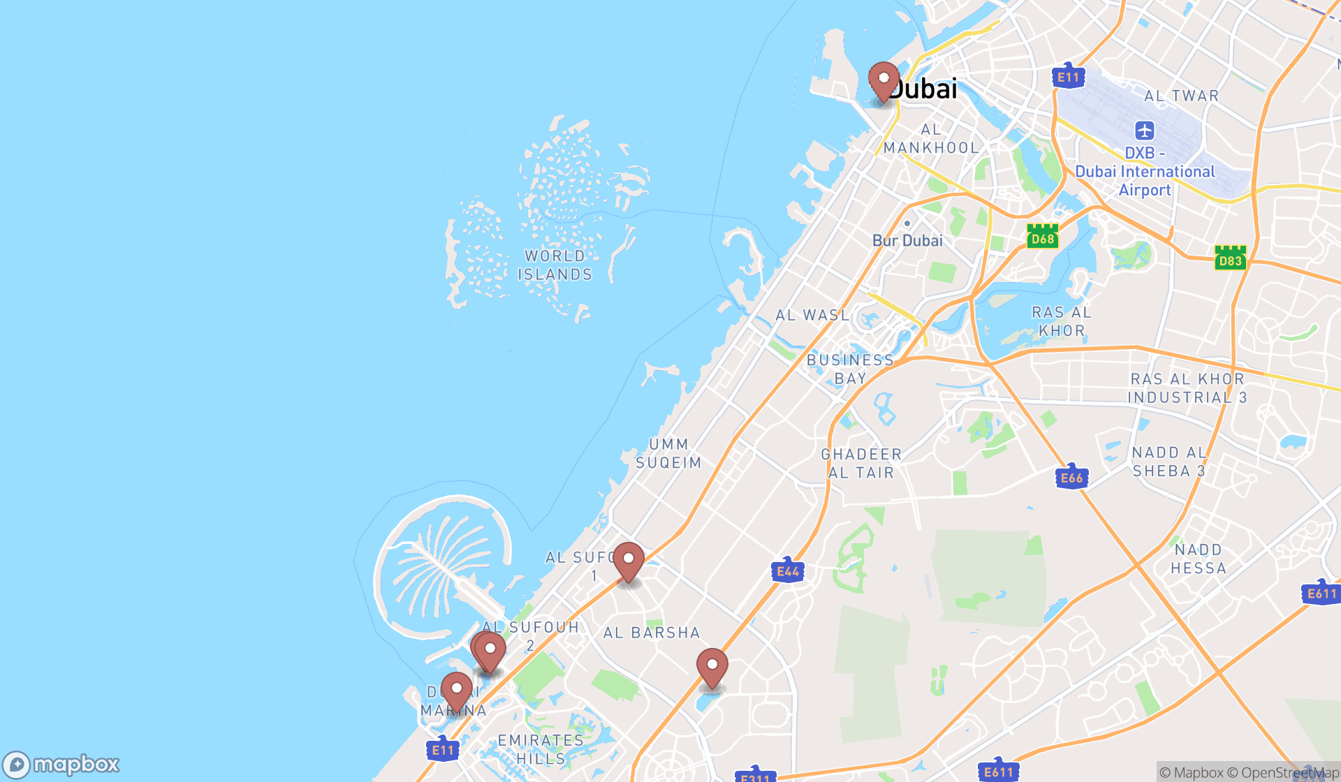 Map showing the search results in Dubai