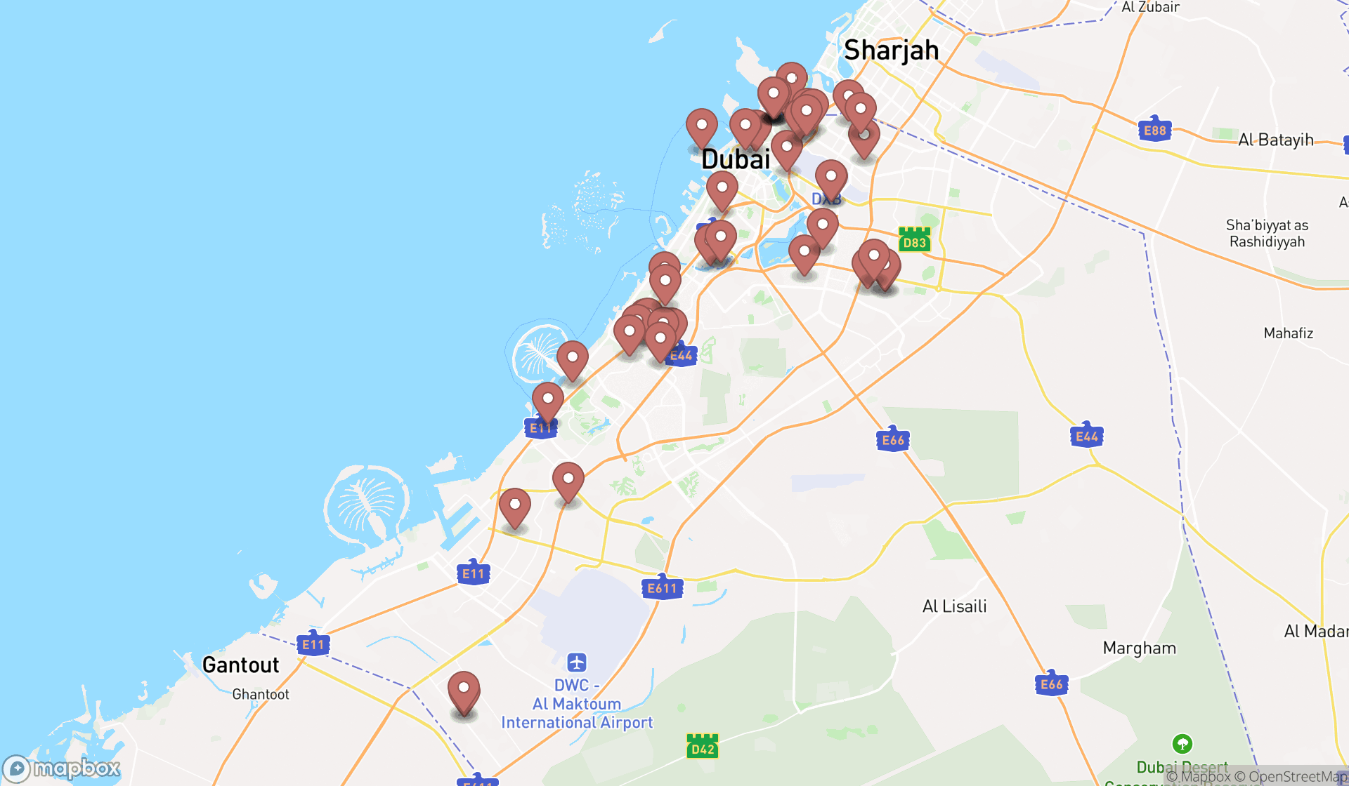 Map showing the search results in Dubai