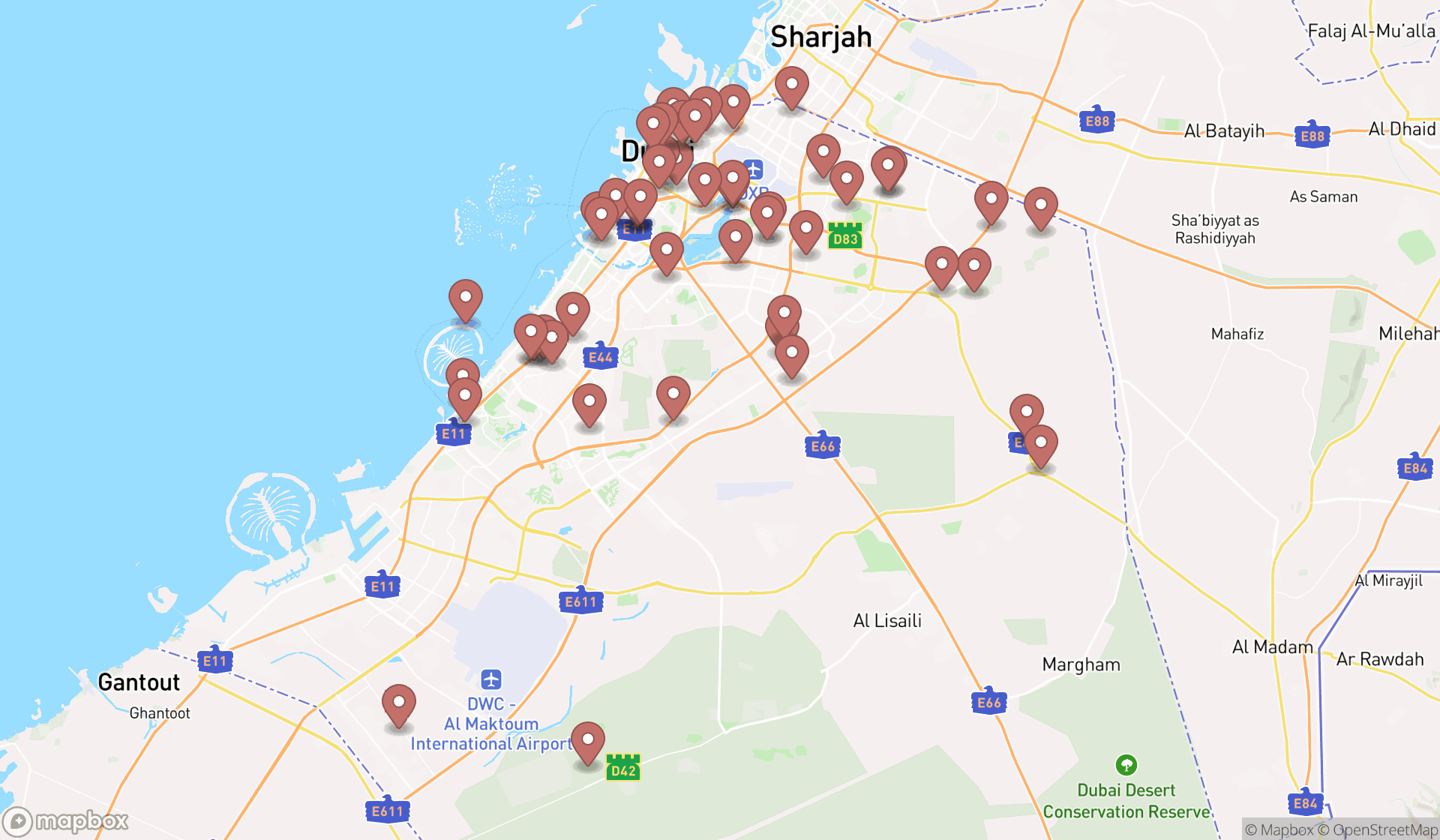 Map showing the search results in Dubai