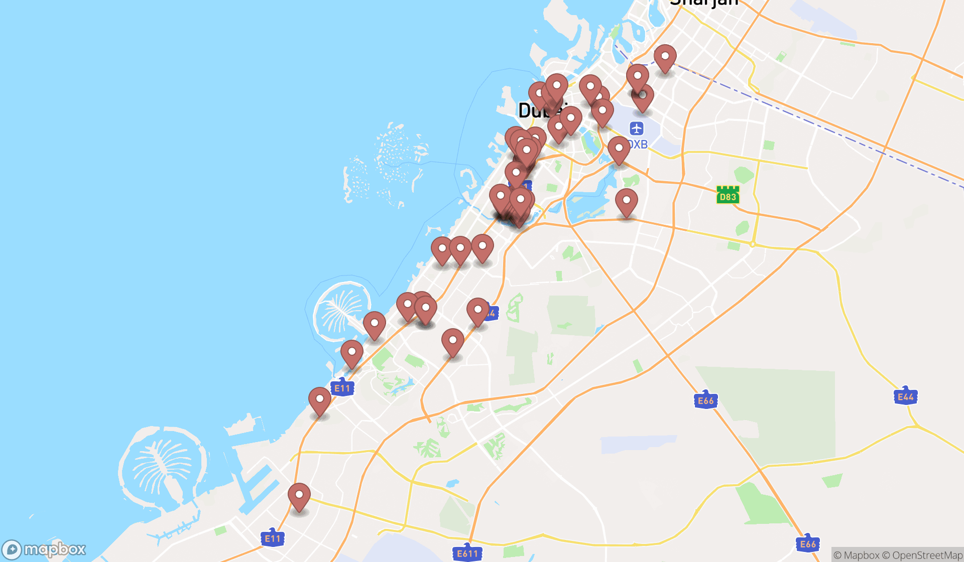 Map showing the search results in Dubai