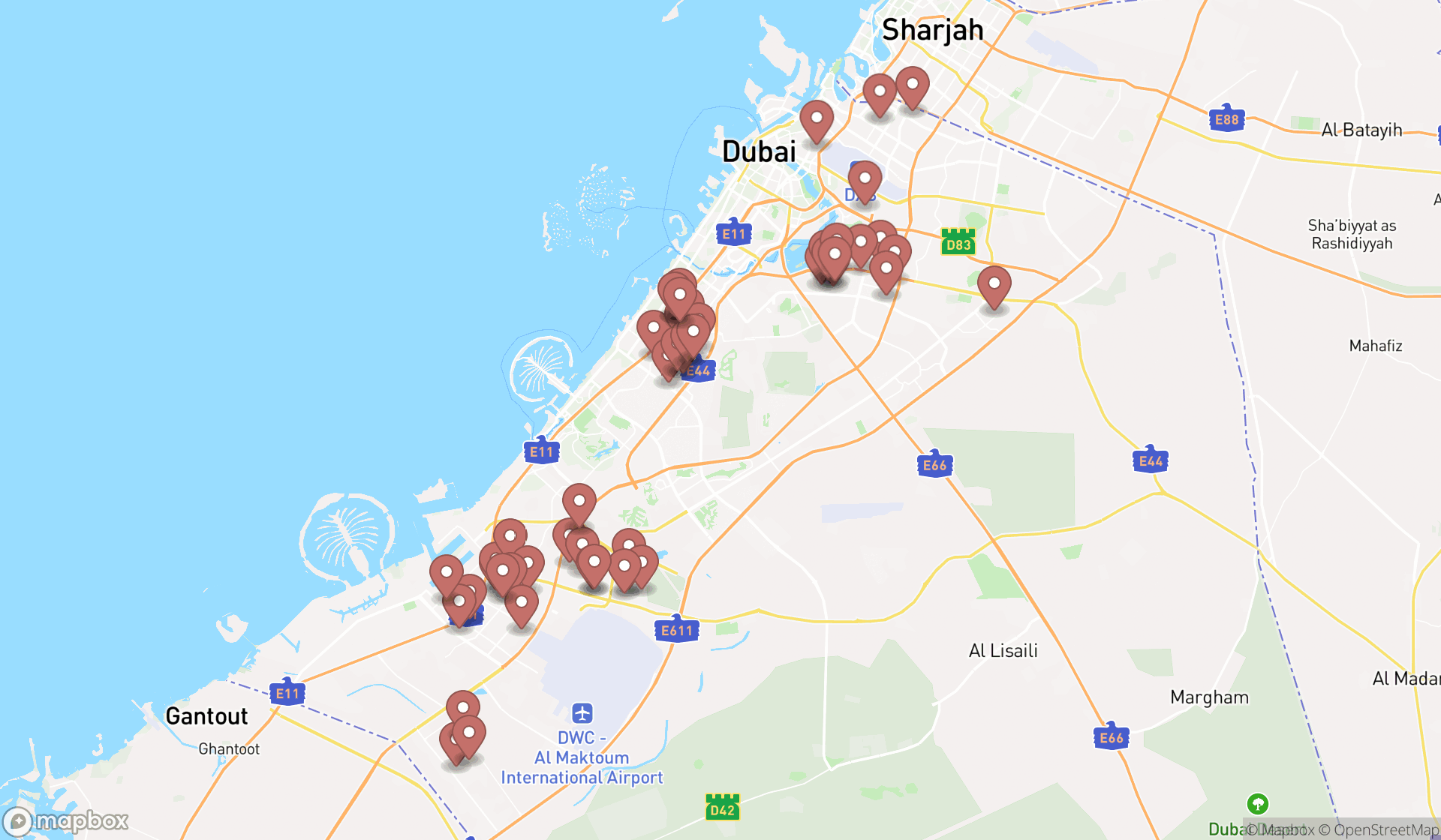 Map showing the search results in Dubai