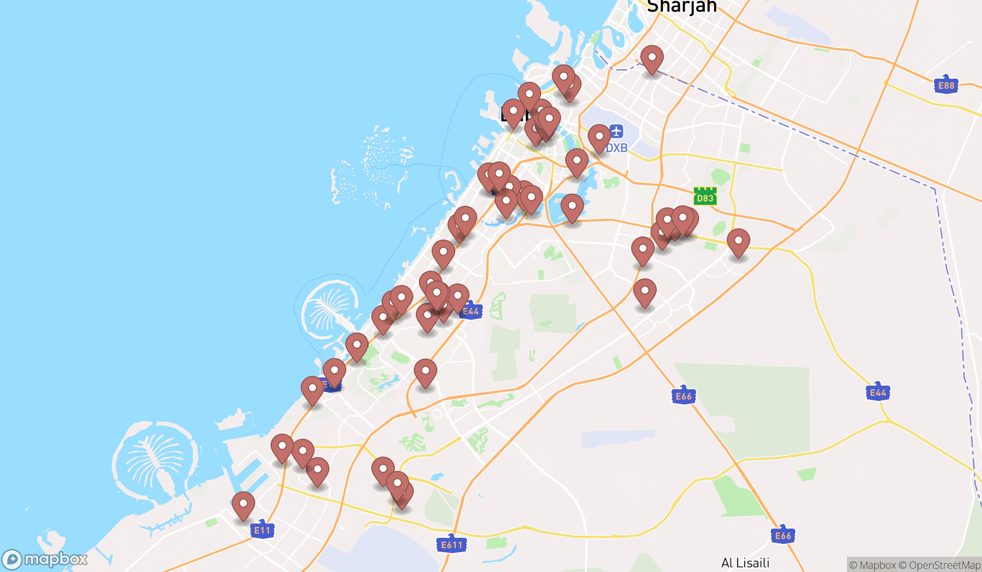 Map showing the search results in Dubai