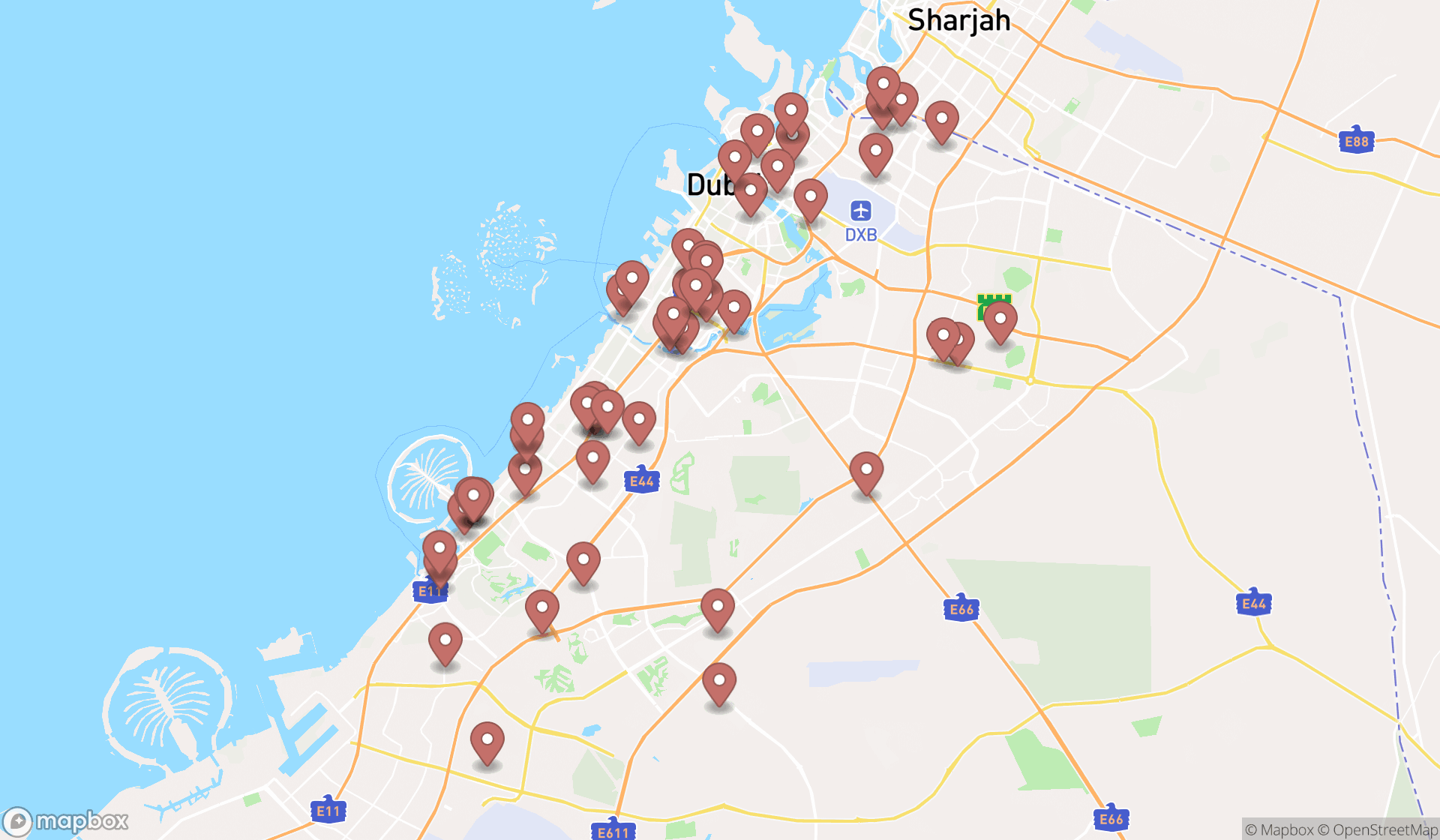 Map showing the search results in Dubai