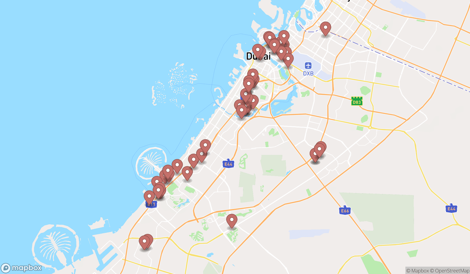 Map showing the search results in Dubai
