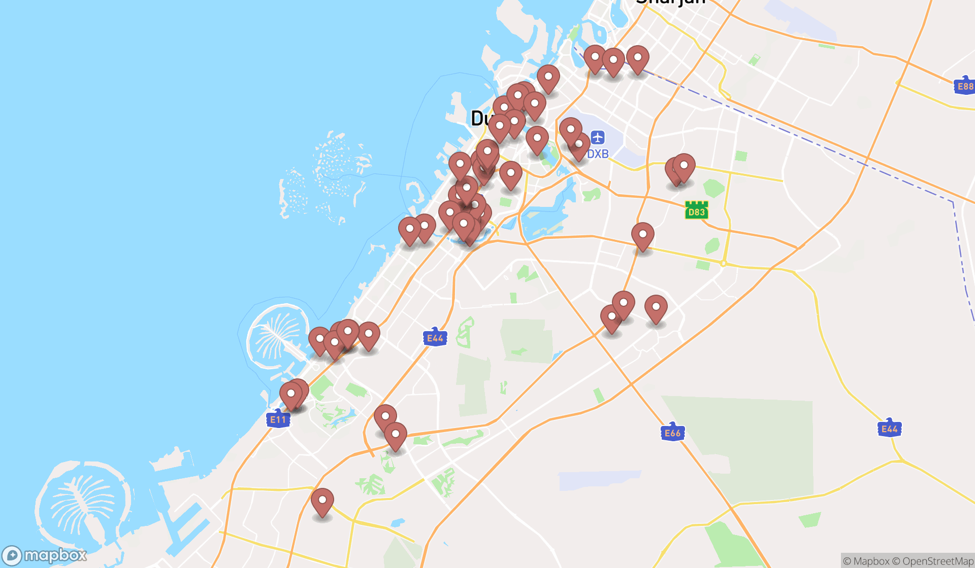 Map showing the search results in Dubai