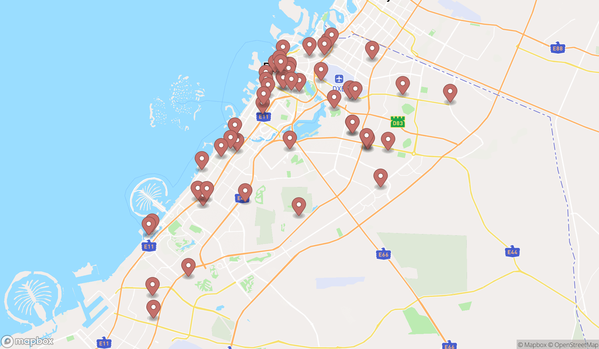 Map showing the search results in Dubai