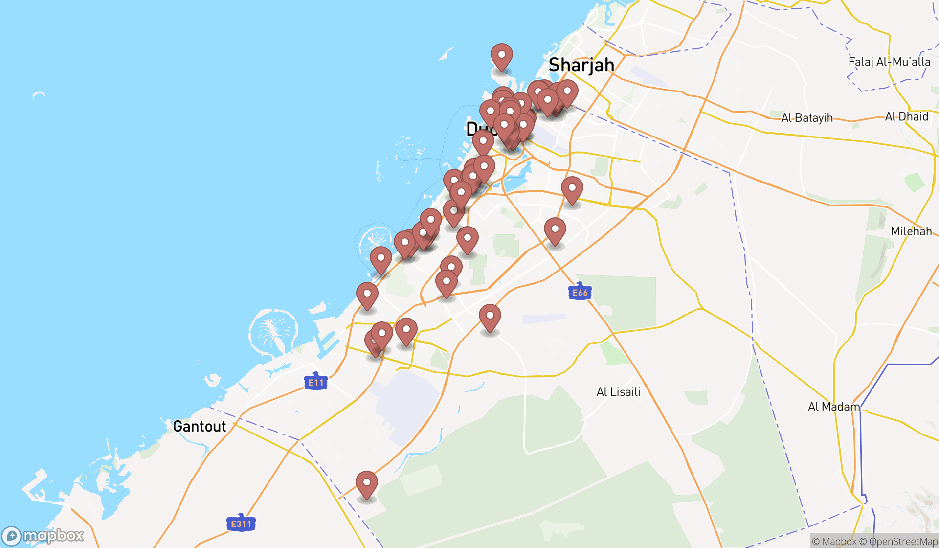 Map showing the search results in Dubai