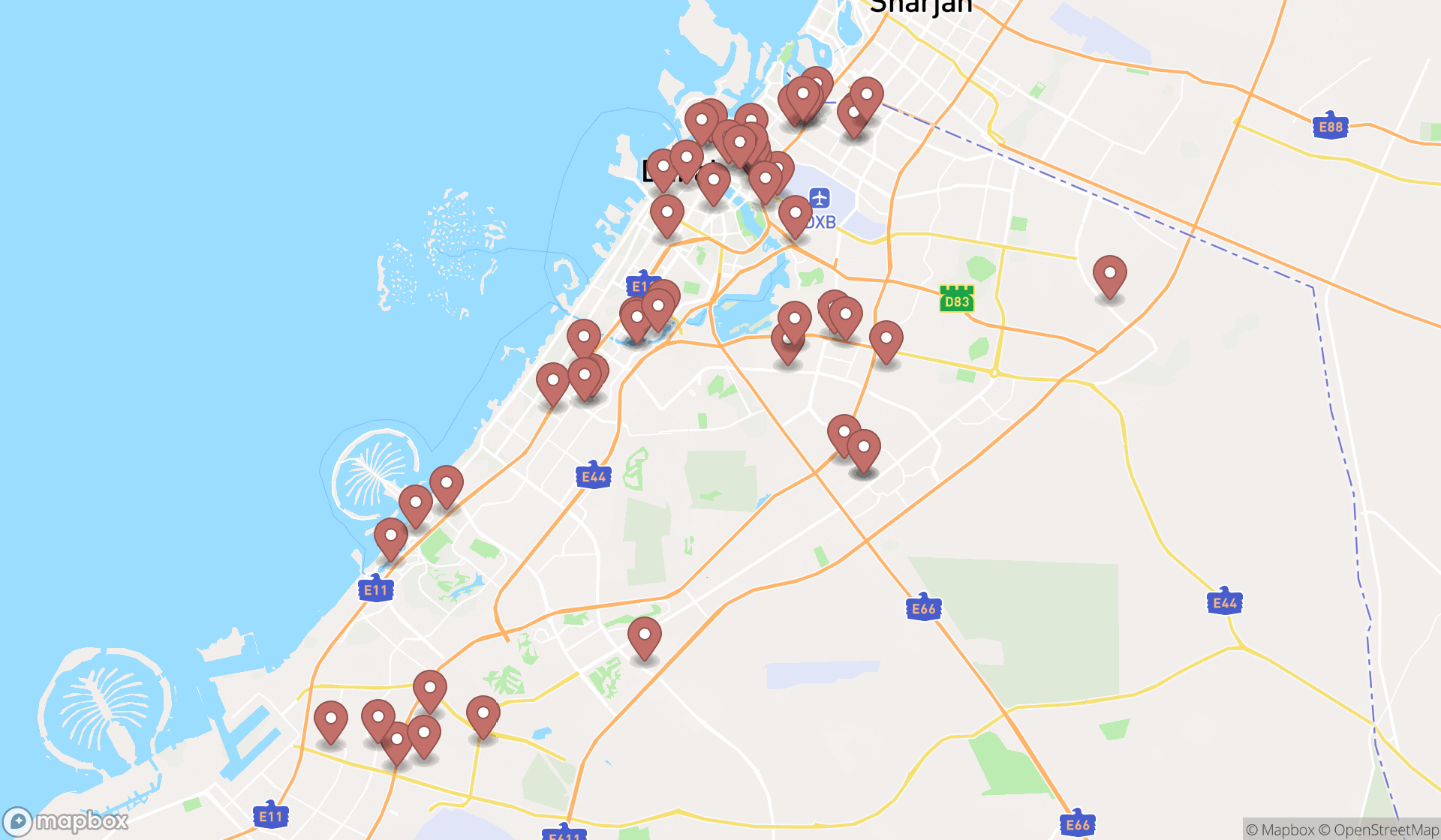 Map showing the search results in Dubai