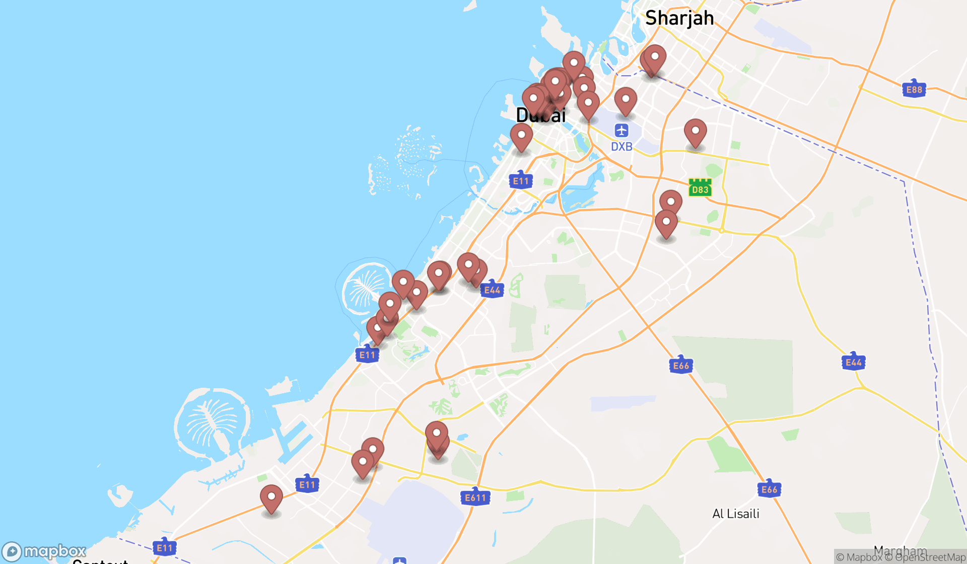 Map showing the search results in Dubai