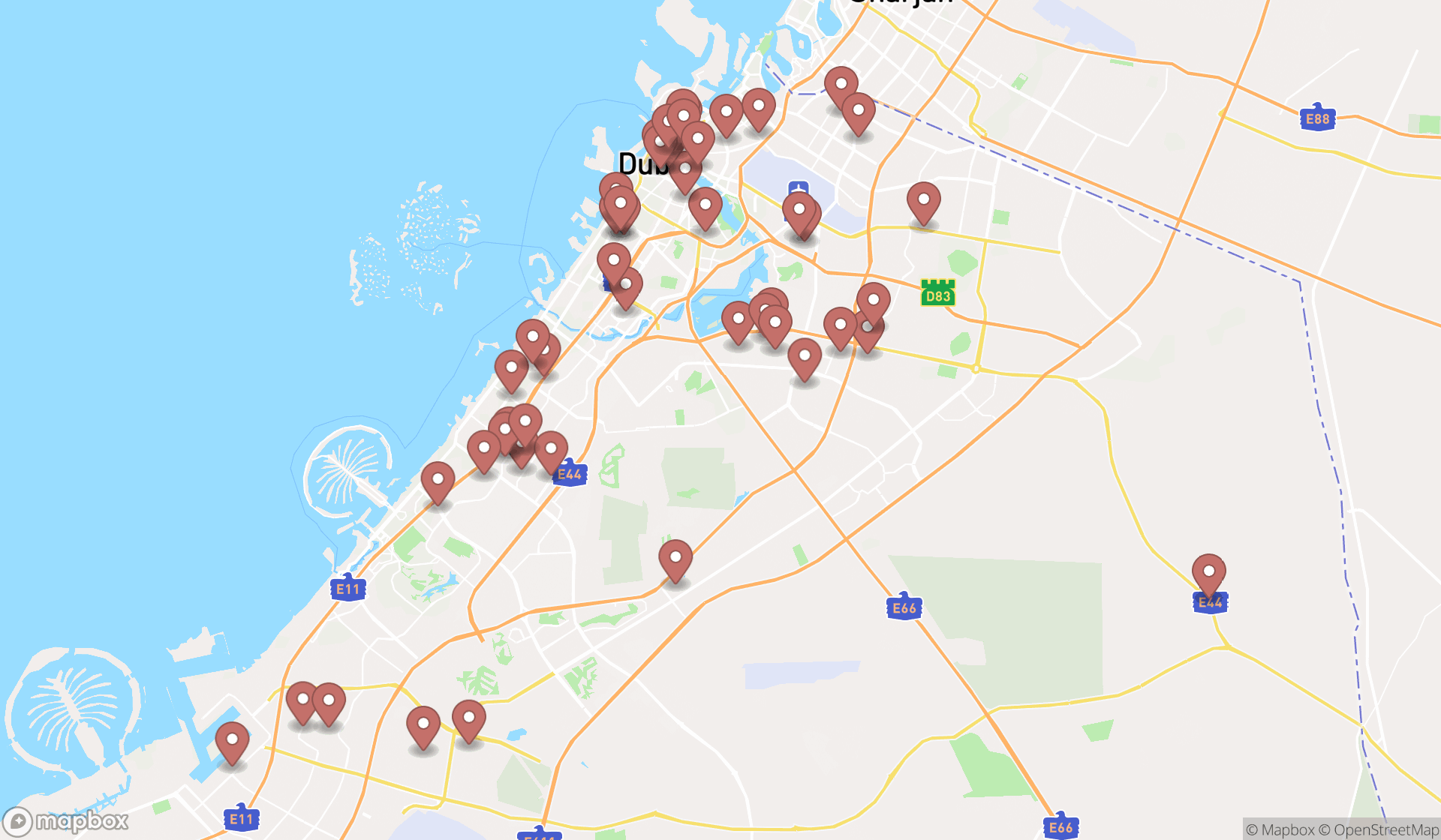 Map showing the search results in Dubai