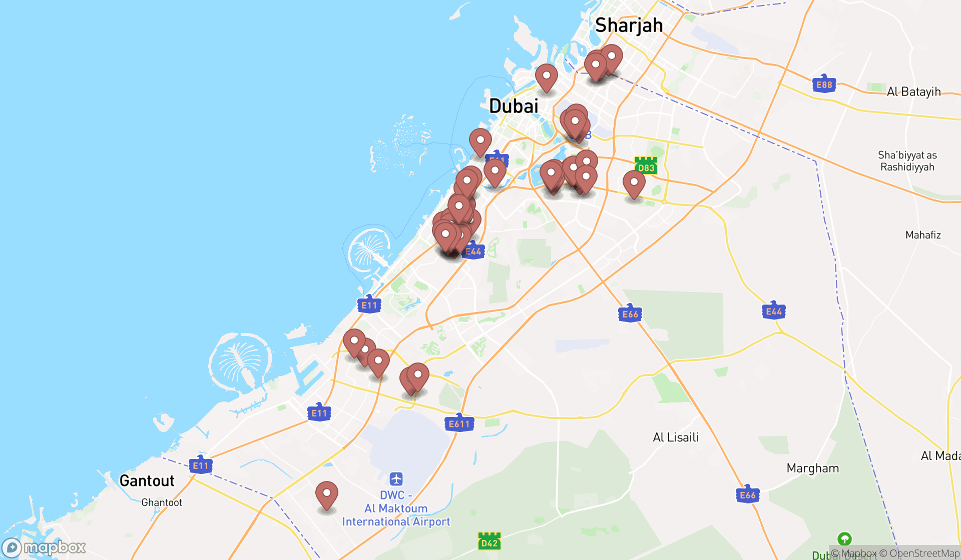 Map showing the search results in Dubai