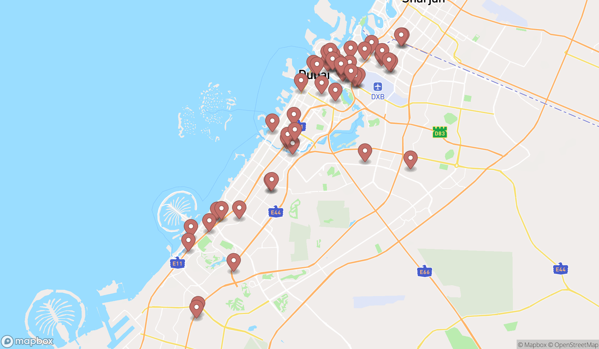 Map showing the search results in Dubai