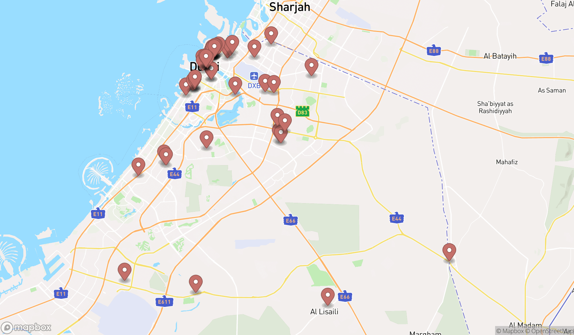 Map showing the search results in Dubai