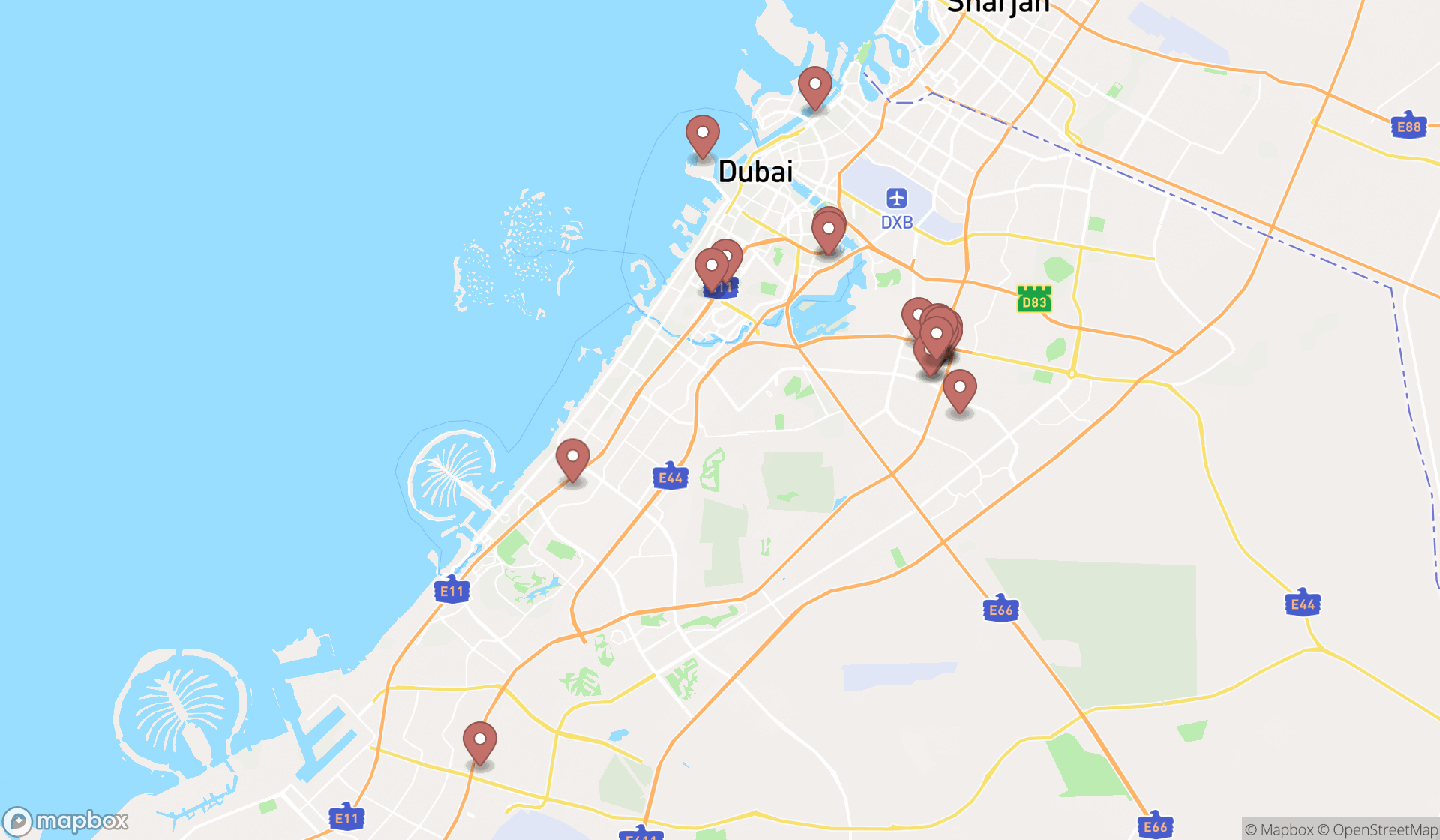 Map showing the search results in Dubai