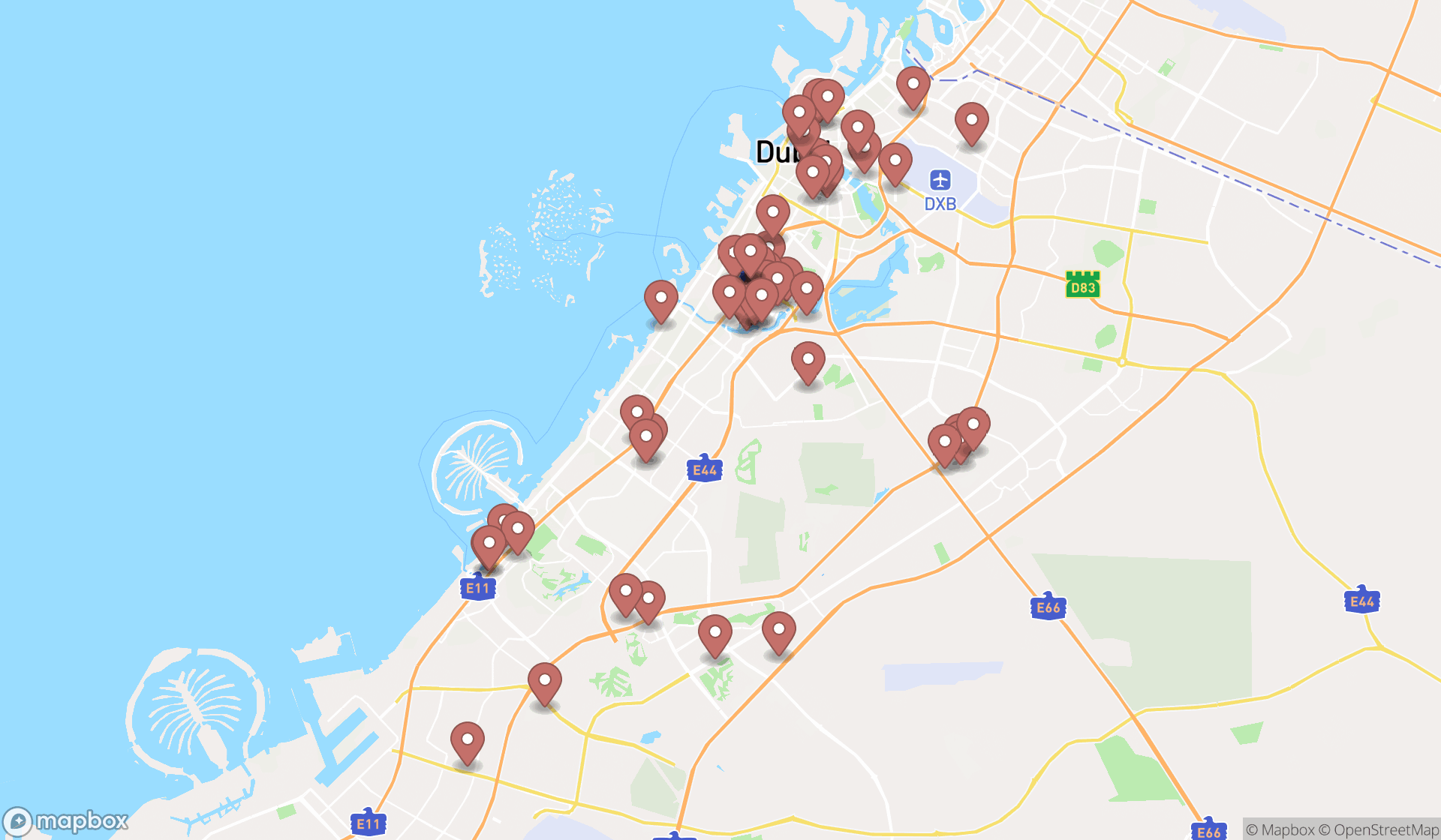 Map showing the search results in Dubai