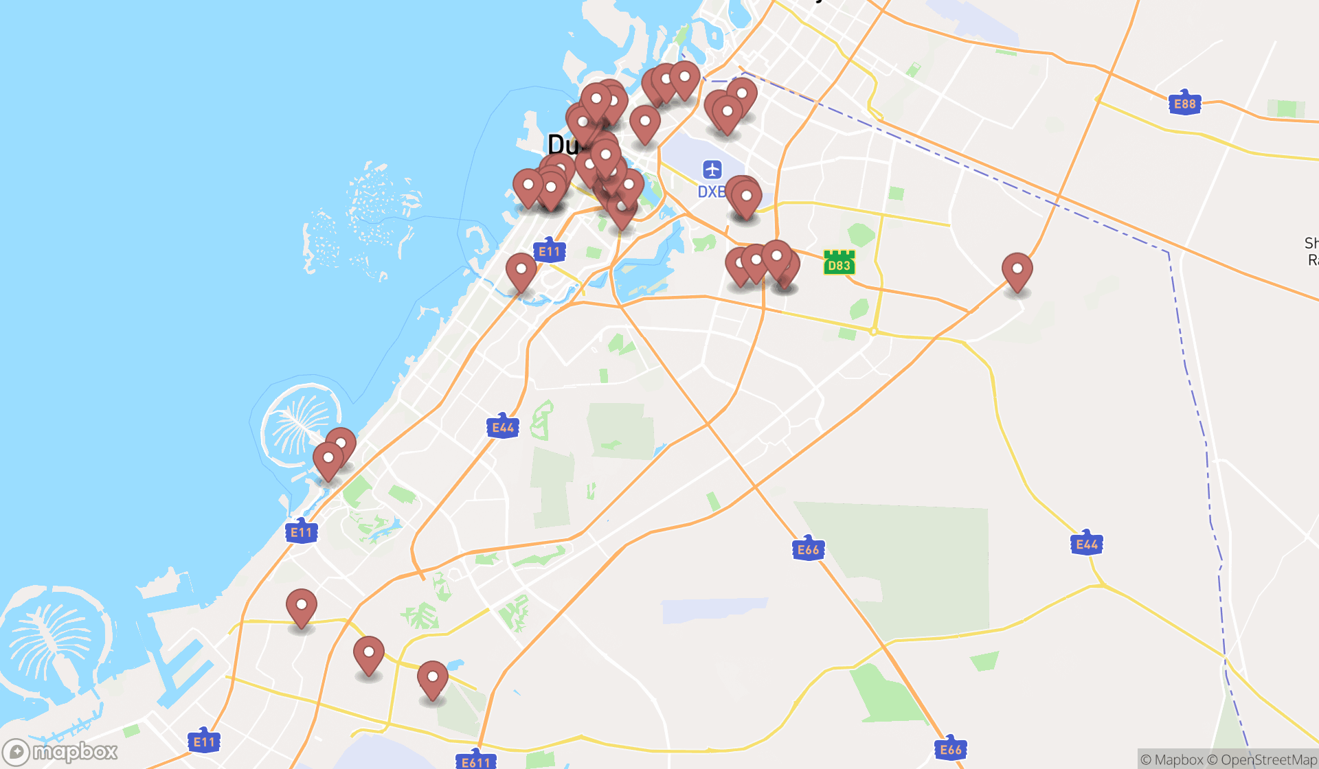 Map showing the search results in Dubai