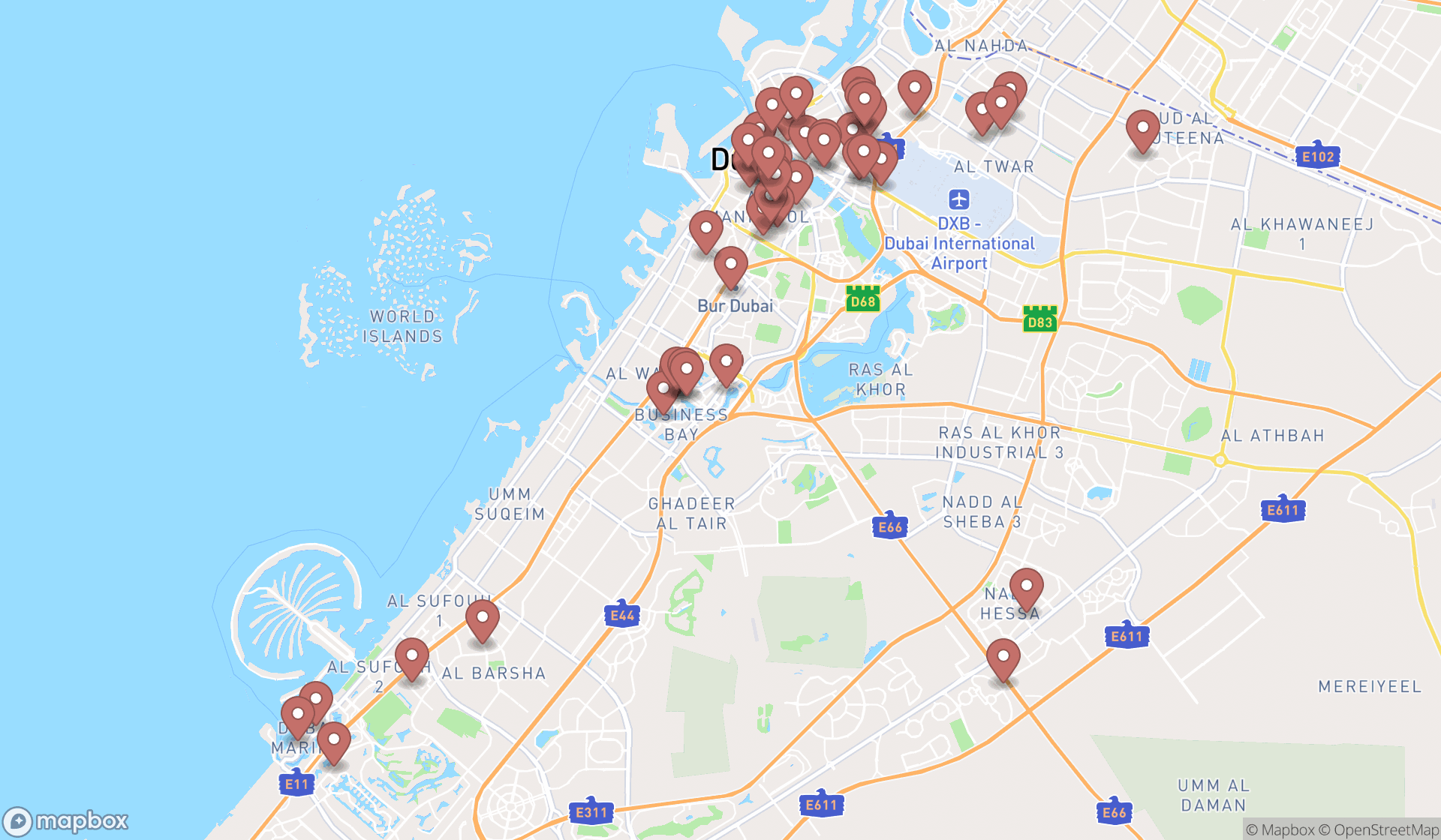 Map showing the search results in Dubai