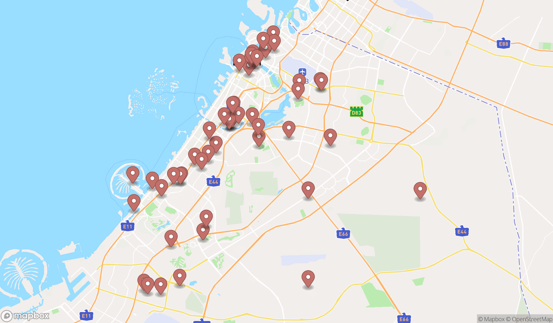 Map showing the search results in Dubai