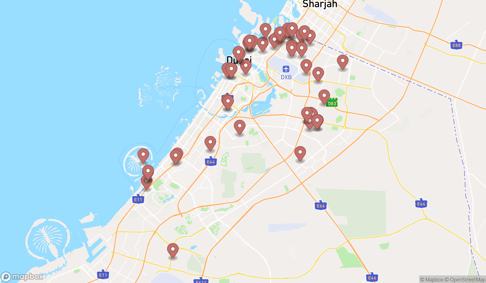 Map showing the search results in Dubai