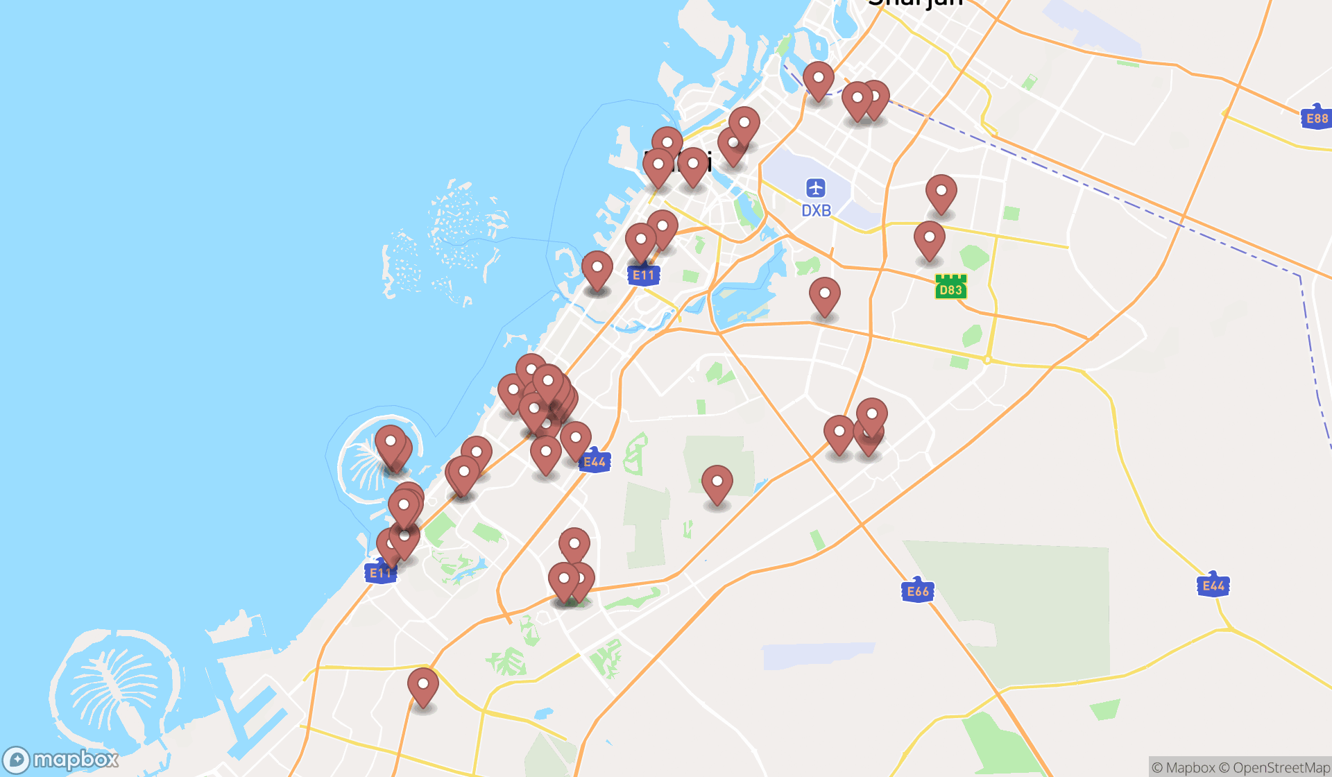 Map showing the search results in Dubai