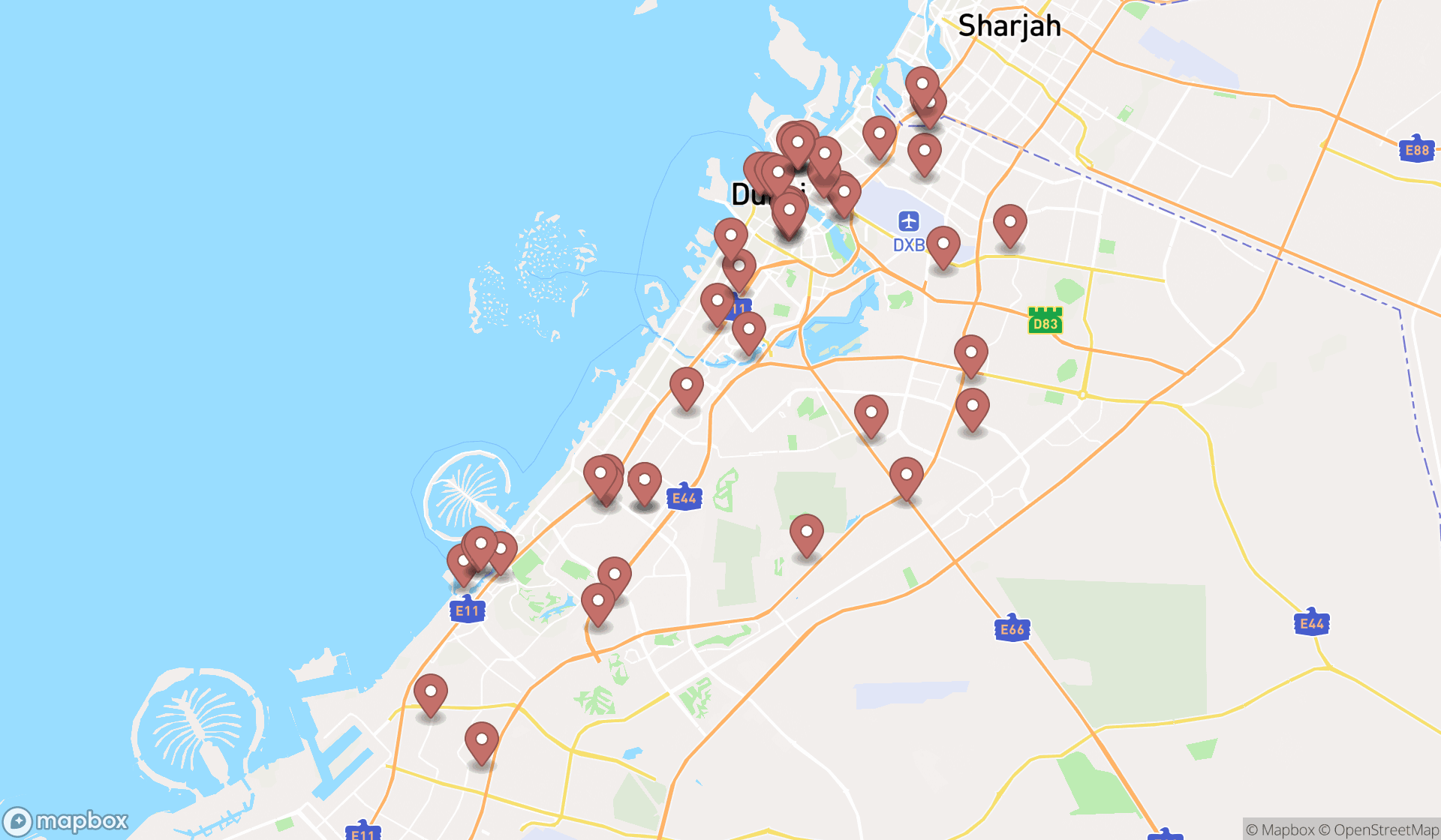 Map showing the search results in Dubai